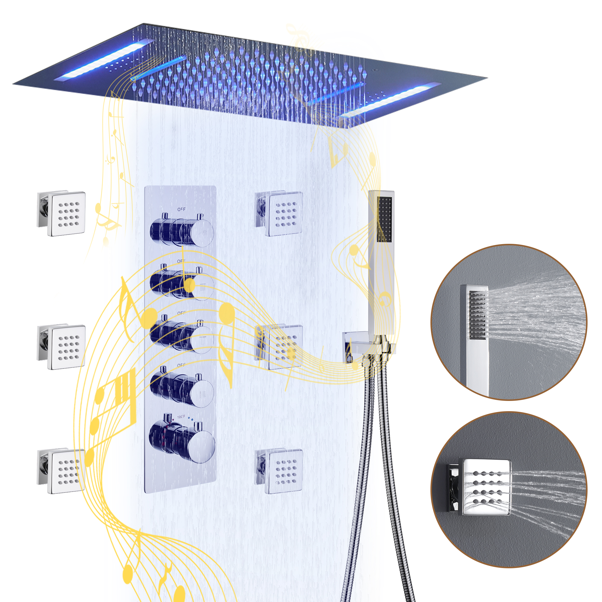 Deluxe 4-Function Thermostatic Shower System with LED Lighting & Bluetooth Music 