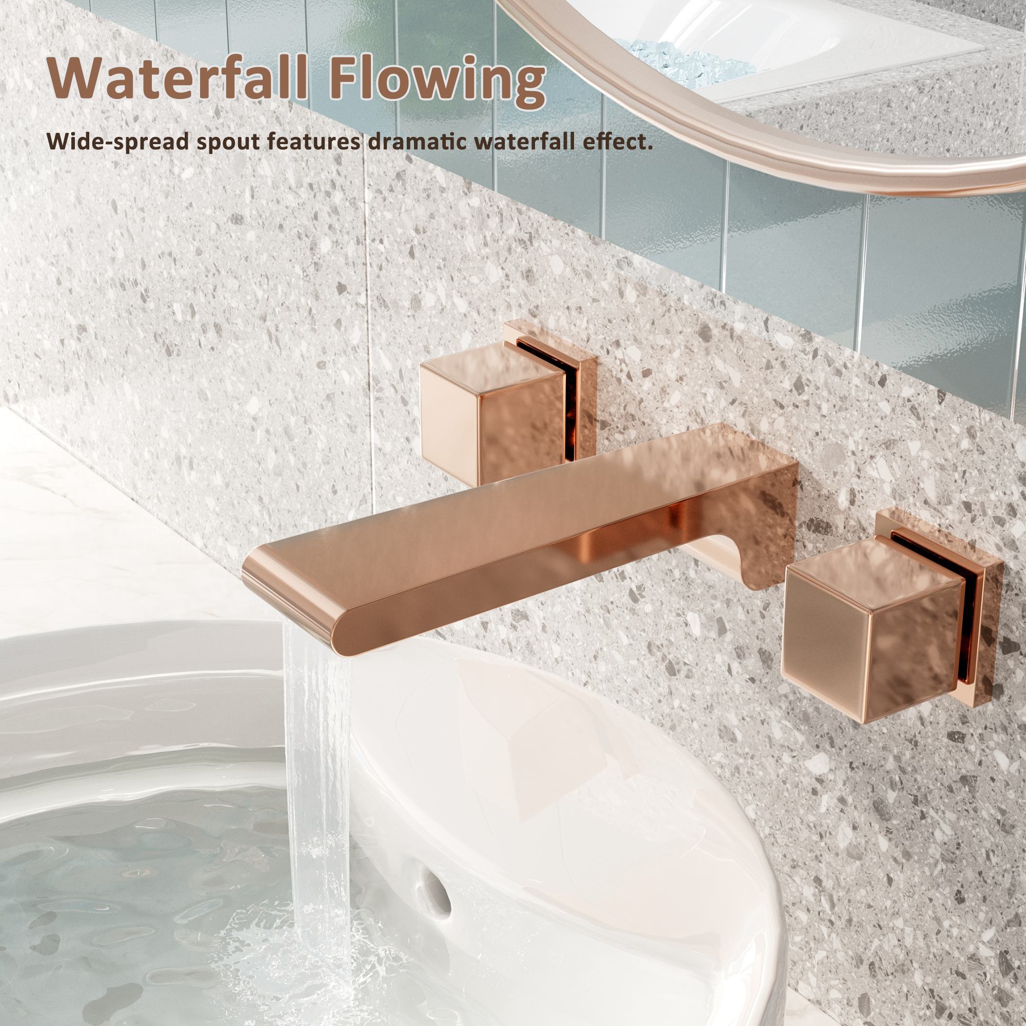 Wall-Mounted Waterfall Bathroom Basin Faucet in Brushed Rose Gold 