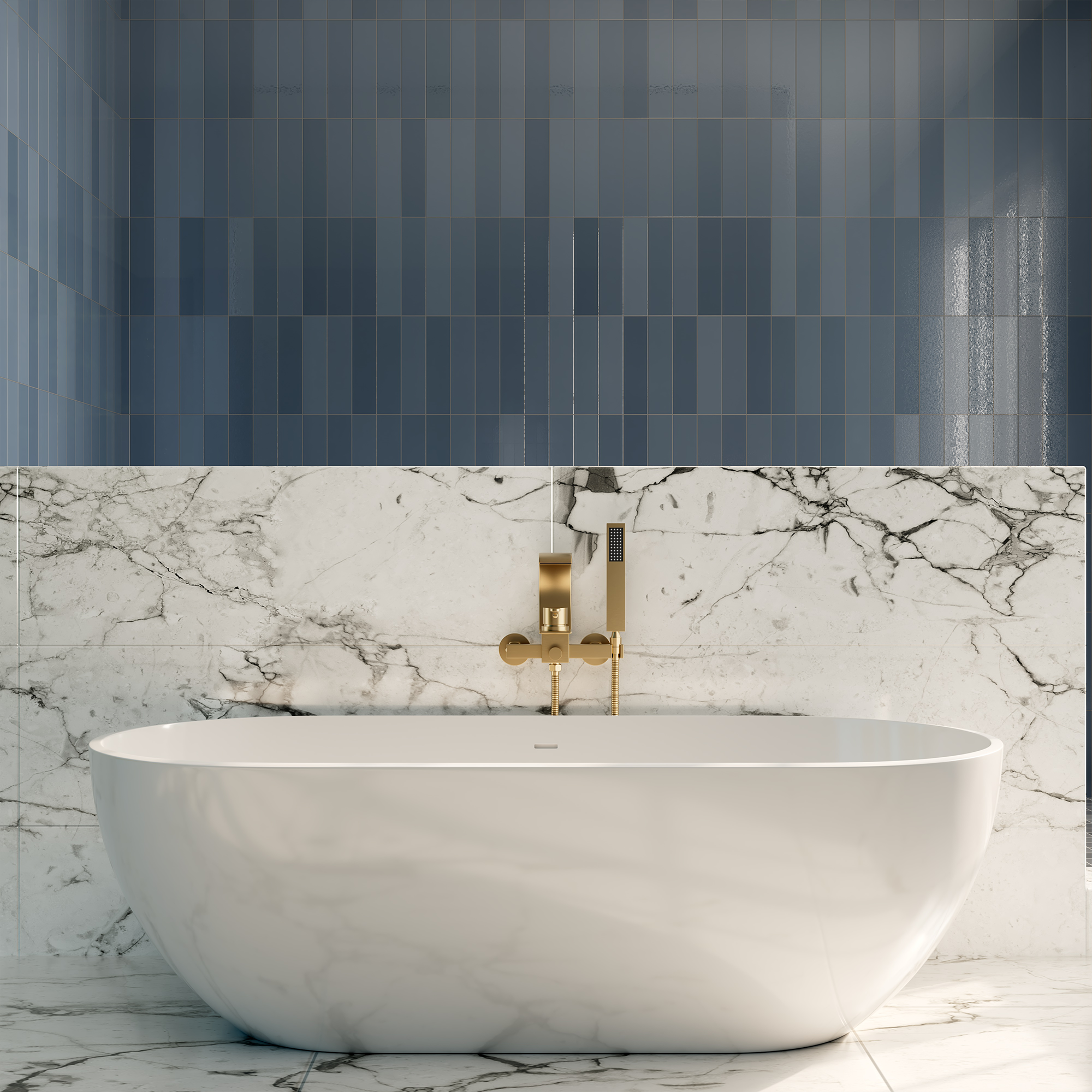 Wall-Mounted Brass Waterfall Tub Filler with Handheld Shower