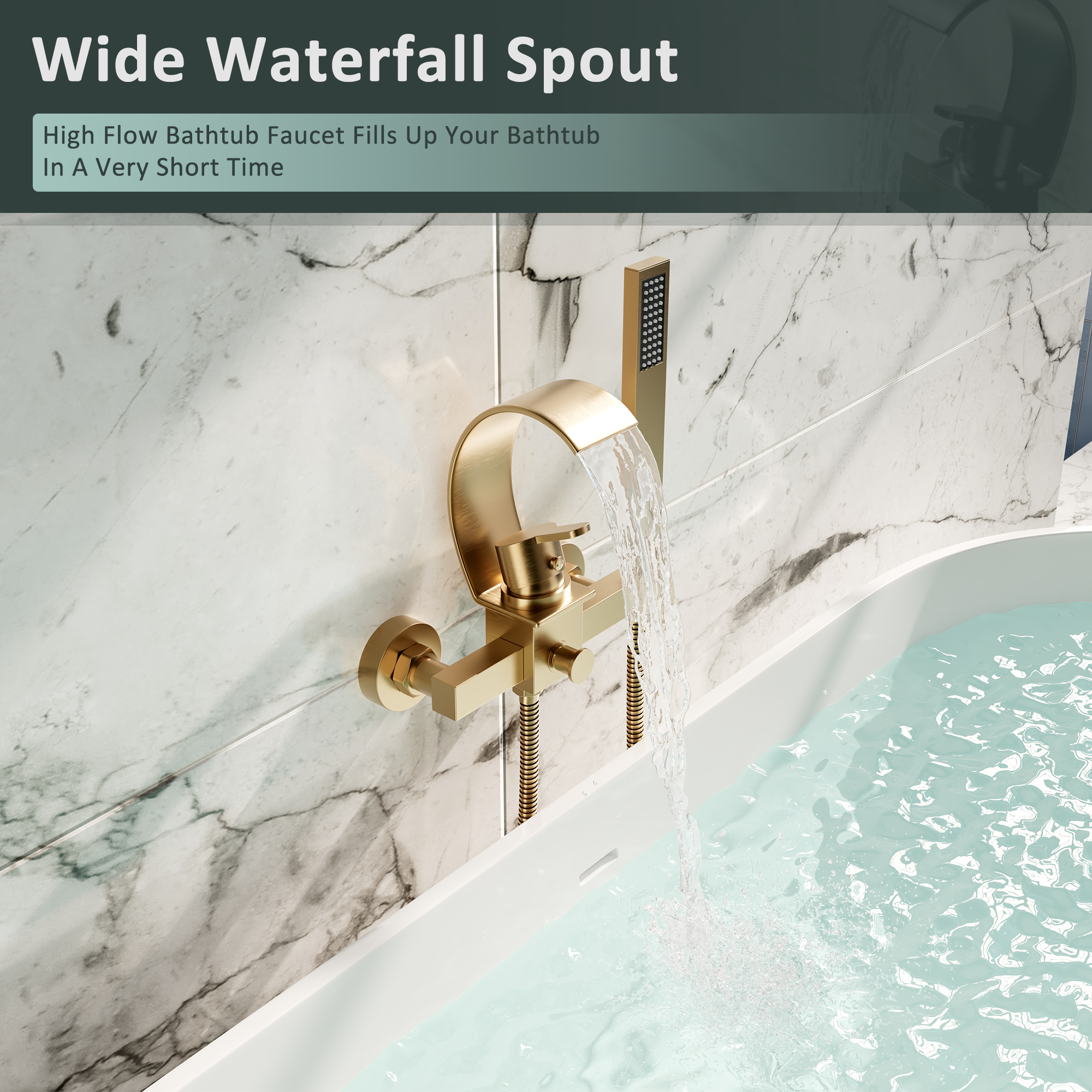 Wall-Mounted Brass Waterfall Tub Filler with Handheld Shower