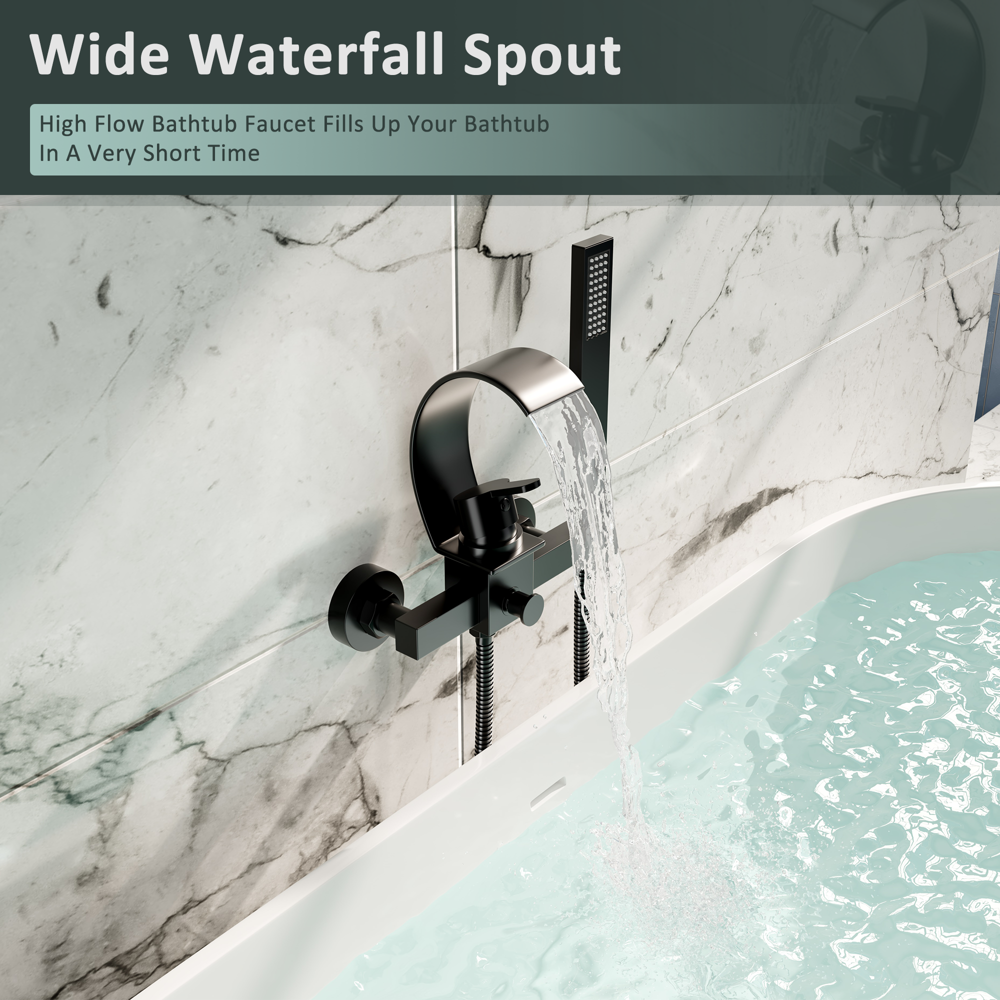 Wall-Mounted Brass Waterfall Tub Filler with Handheld Shower