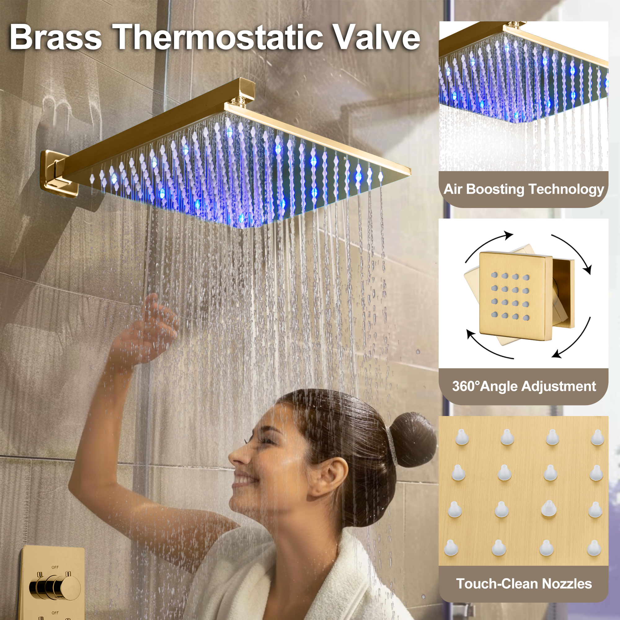 12" Thermostatic LED Shower System Wall-Mount Rain Showerhead with 6 Body Jets