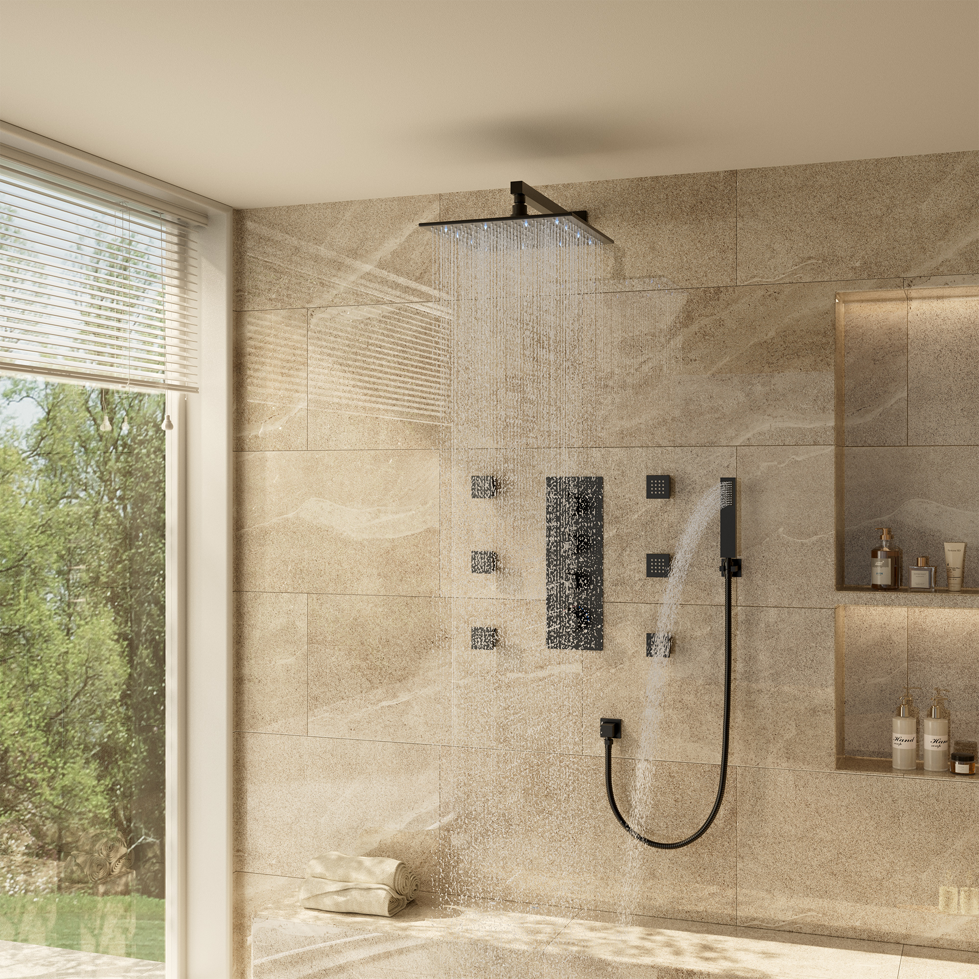 12" Thermostatic LED Shower System Wall-Mount Rain Showerhead with 6 Body Jets