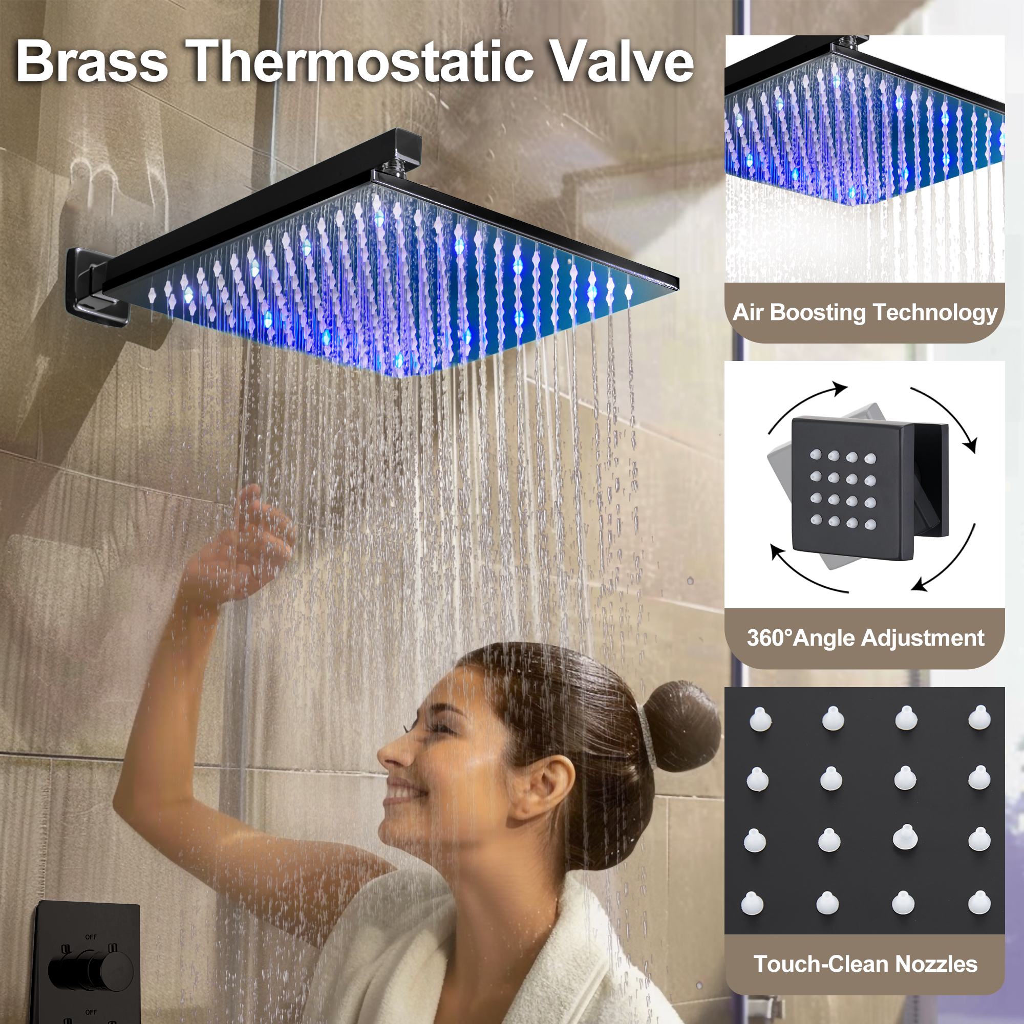 12" Thermostatic LED Shower System Wall-Mount Rain Showerhead with 6 Body Jets