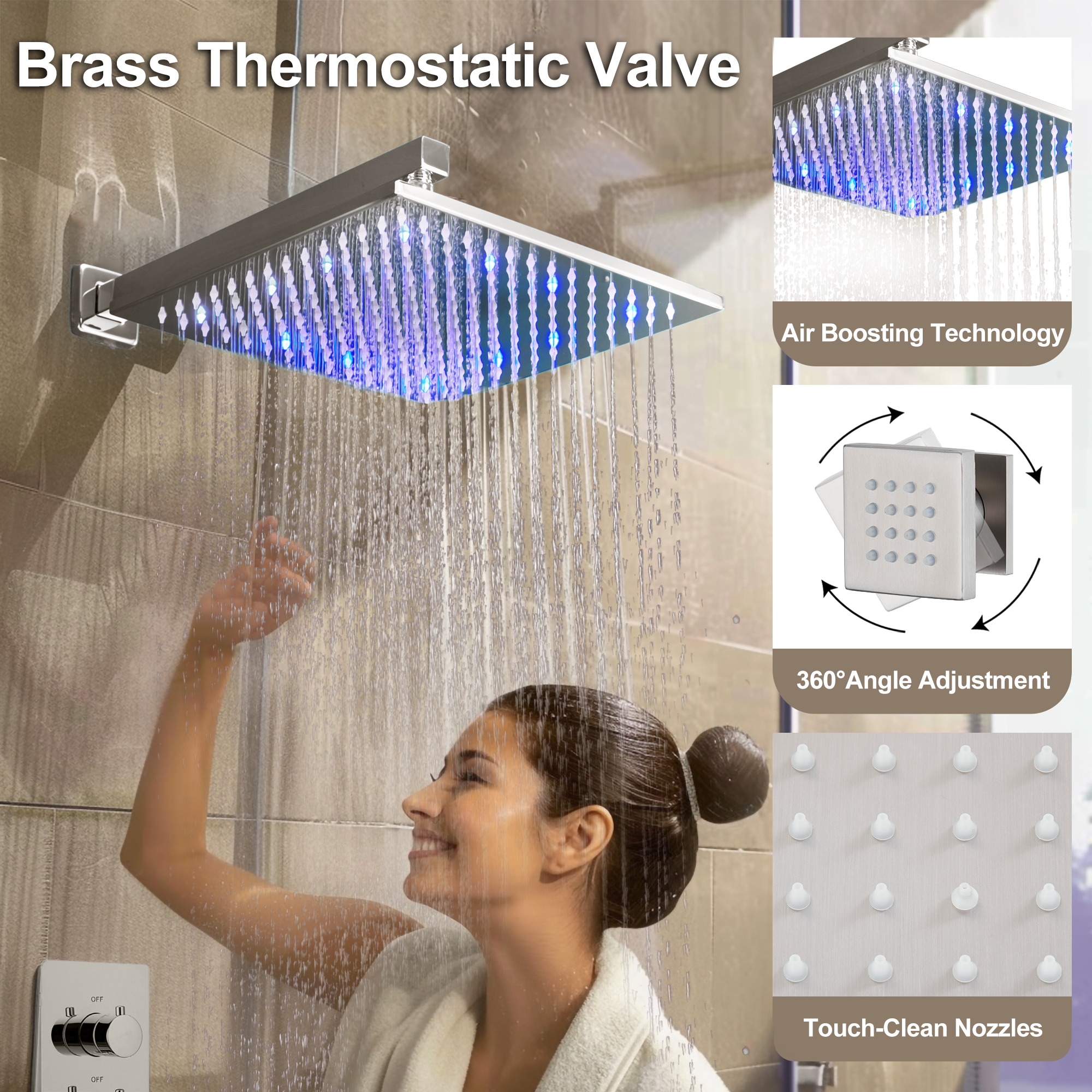 12" Thermostatic LED Shower System Wall-Mount Rain Showerhead with 6 Body Jets
