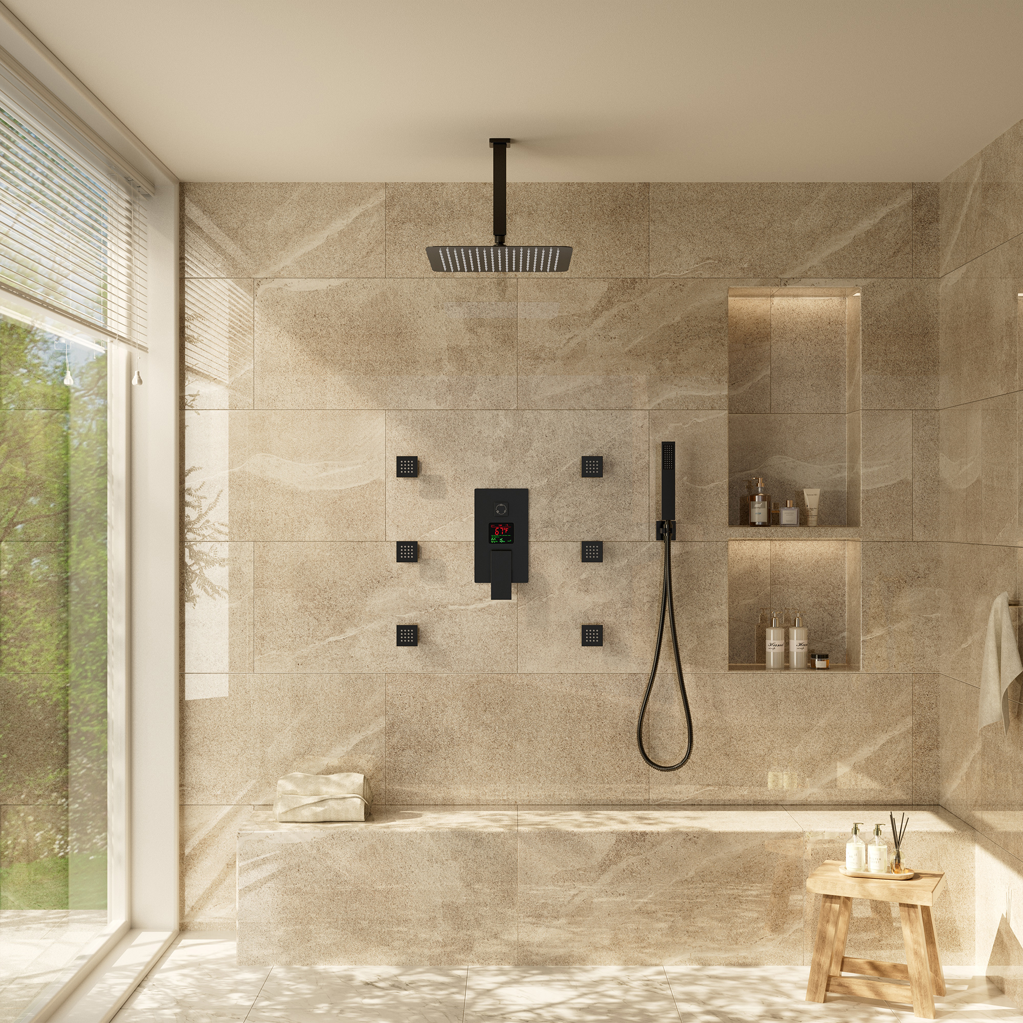 12" Ceiling-Mounted Shower System with Digital Display & 6 Body Jets