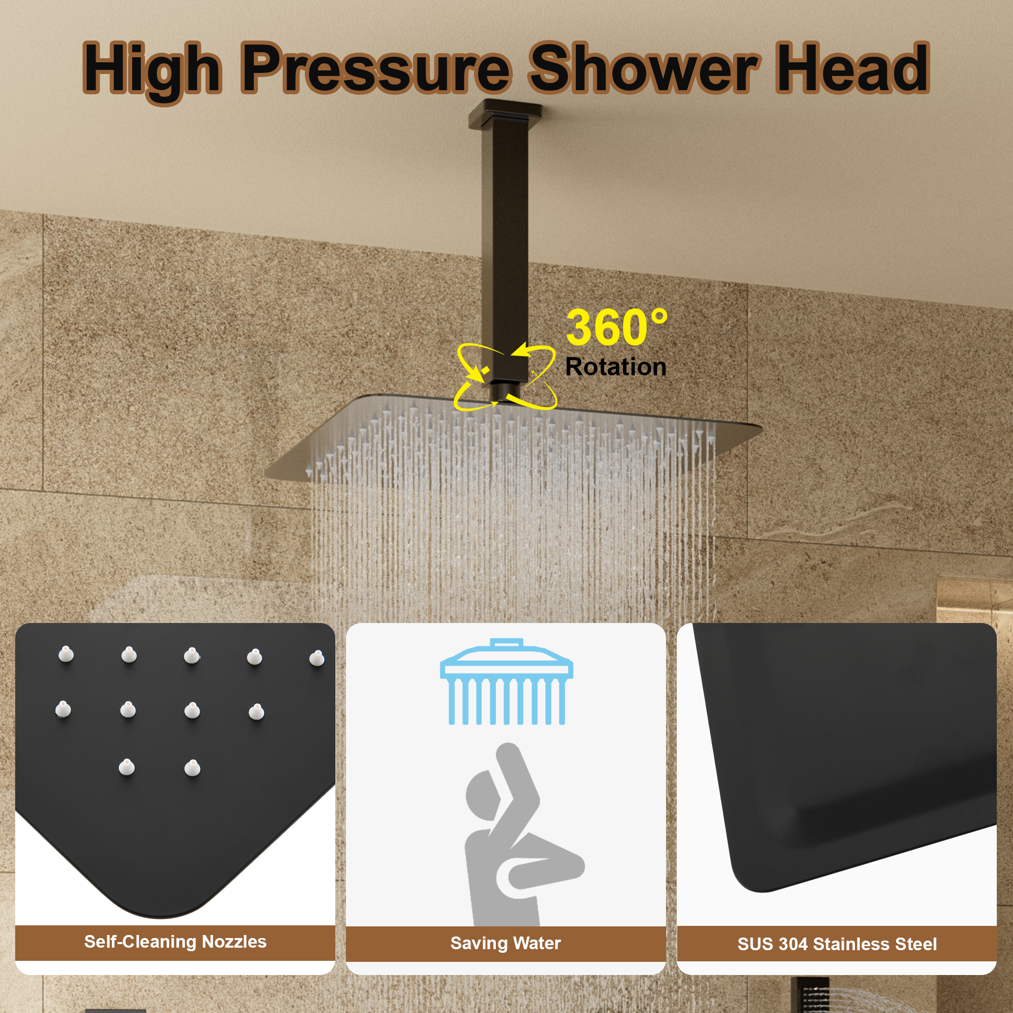 12" Ceiling-Mounted Shower System with Digital Display & 6 Body Jets