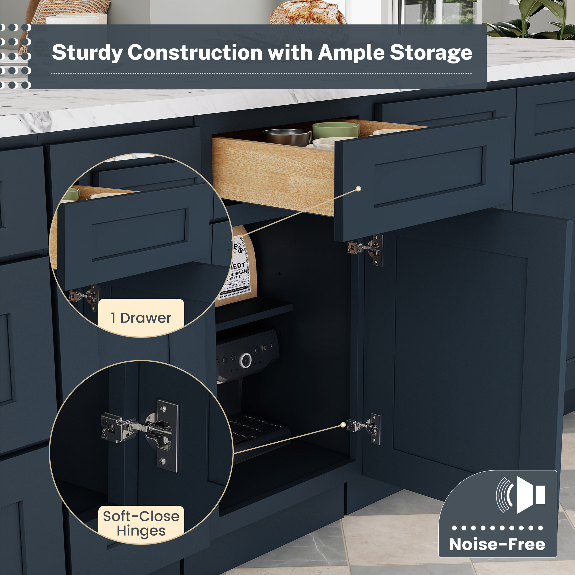 Cyber Grey RTA 18"W x 24"D x 34.5"H Base Cabinet with 1 Drawer and 1 Door