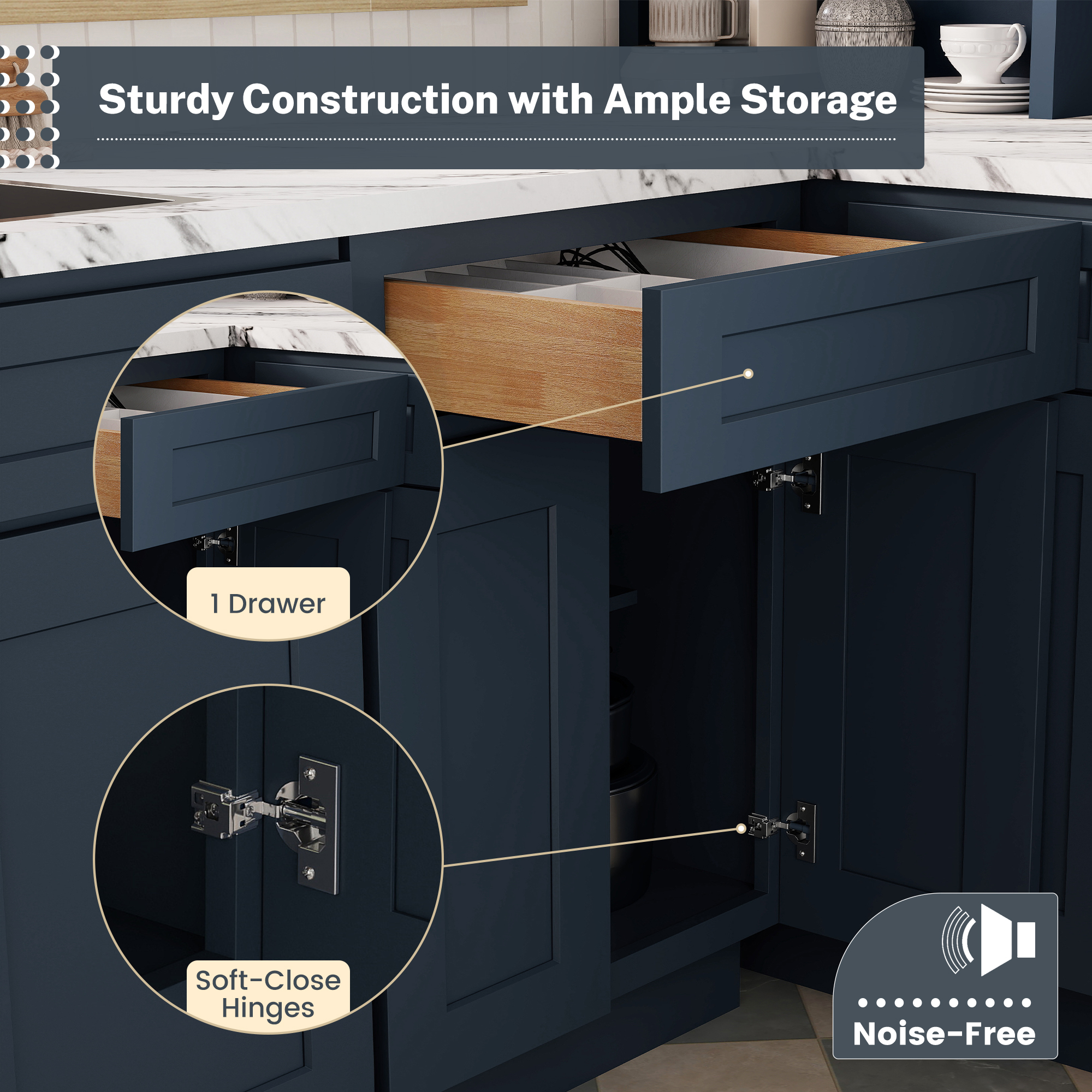 Cyber Grey RTA 24"W x 24"D x 34.5"H Base Cabinet with 1 Drawer and 2 Doors