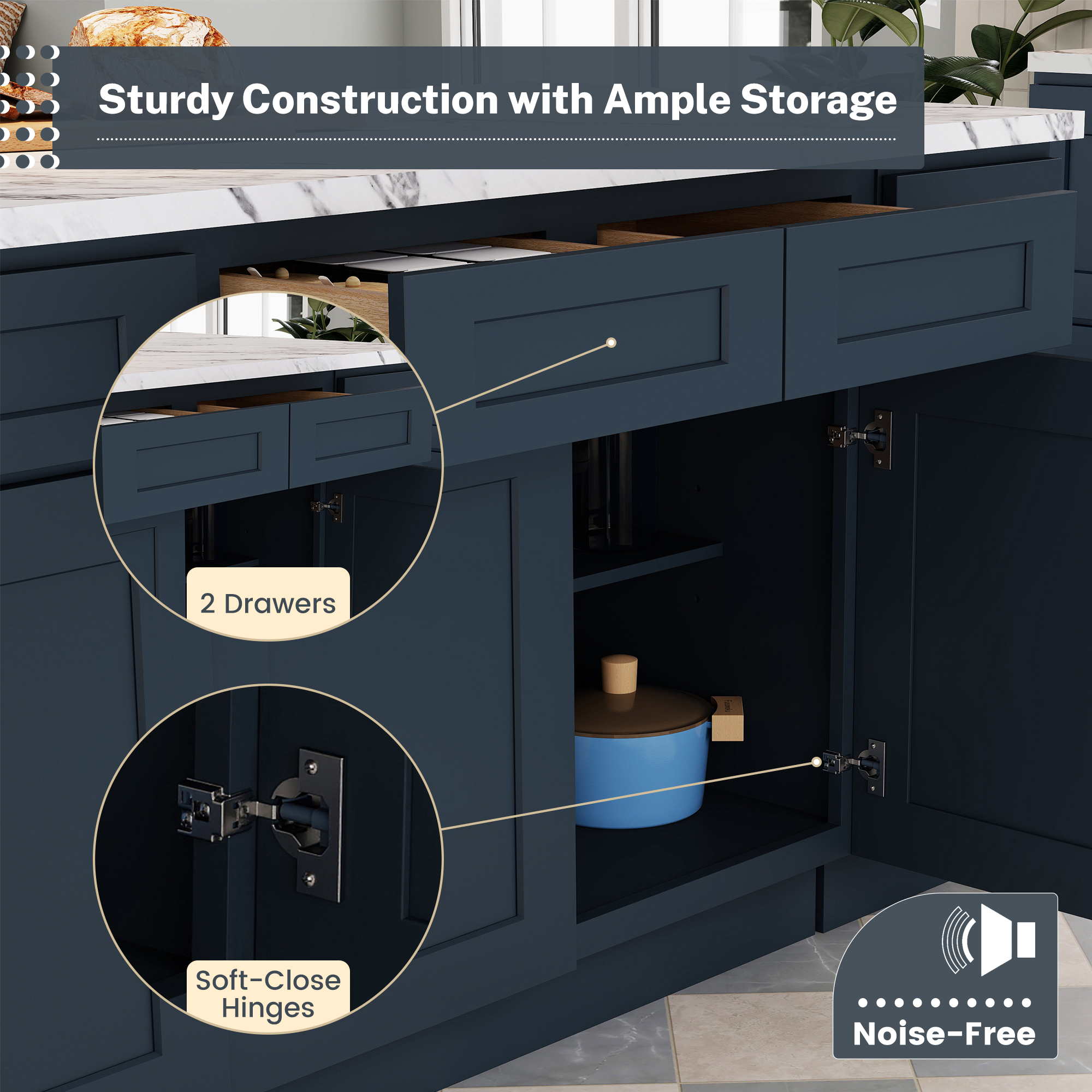 Cyber Grey RTA 36"W x 24"D x 34.5"H Base Cabinet with 2 Drawers and 2 Doors