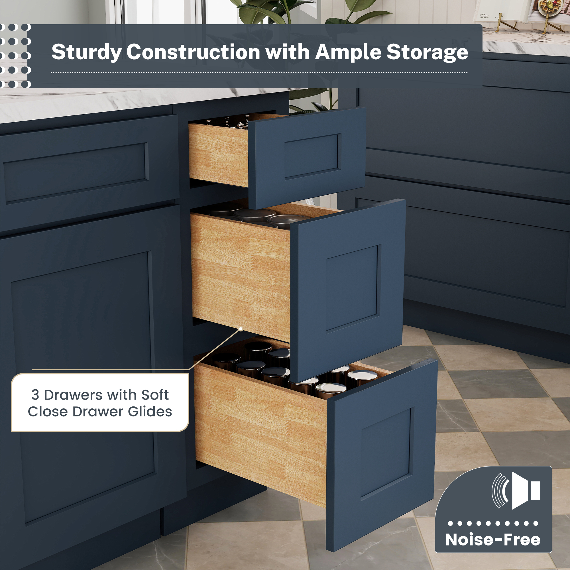 Cyber Grey RTA 12"W x 24"D x 34.5"H Base Cabinet with 3 Drawers