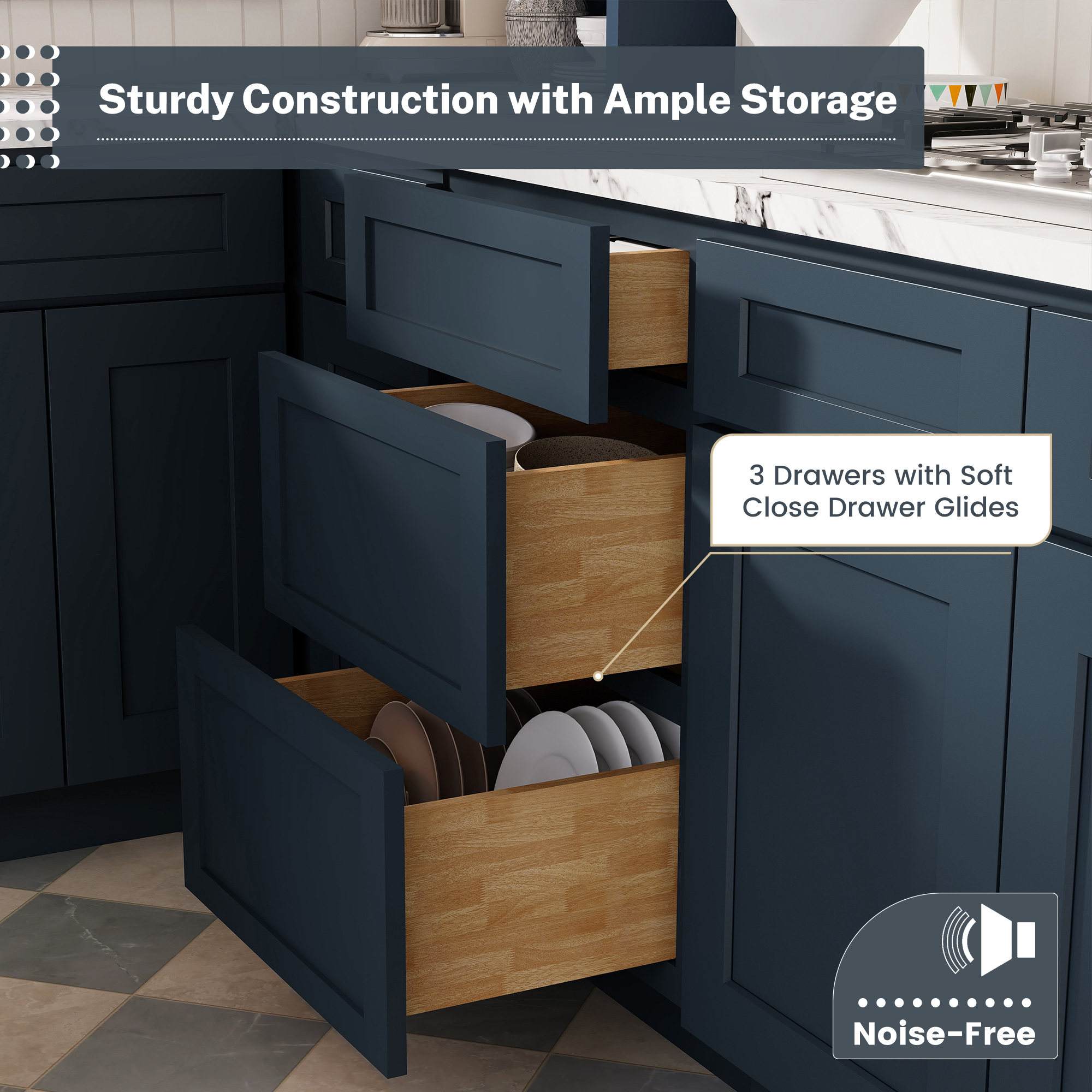 Cyber Grey RTA 24"W x 24"D x 34.5"H Base Cabinet with 3 Drawers