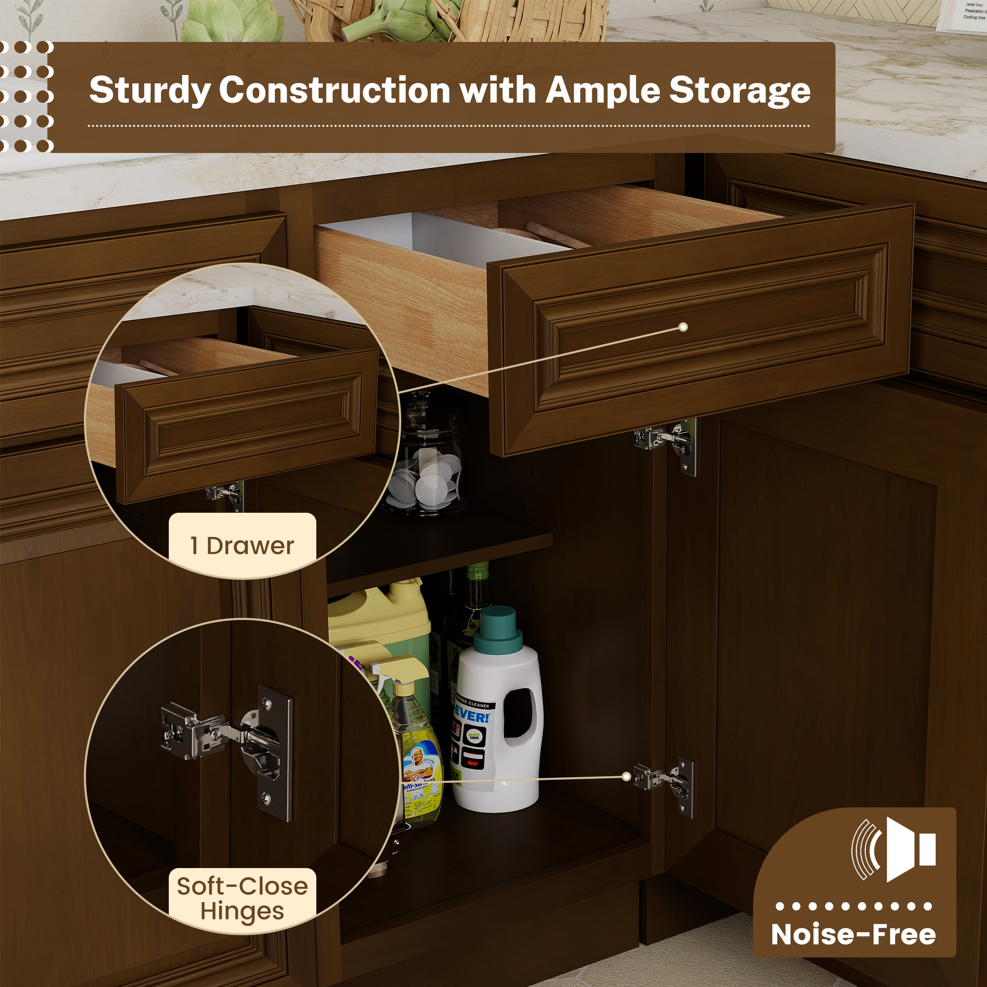 Dark Caramel RTA 18"W x 24"D x 34.5"H Base Cabinet with 1 Drawer and 1 Door