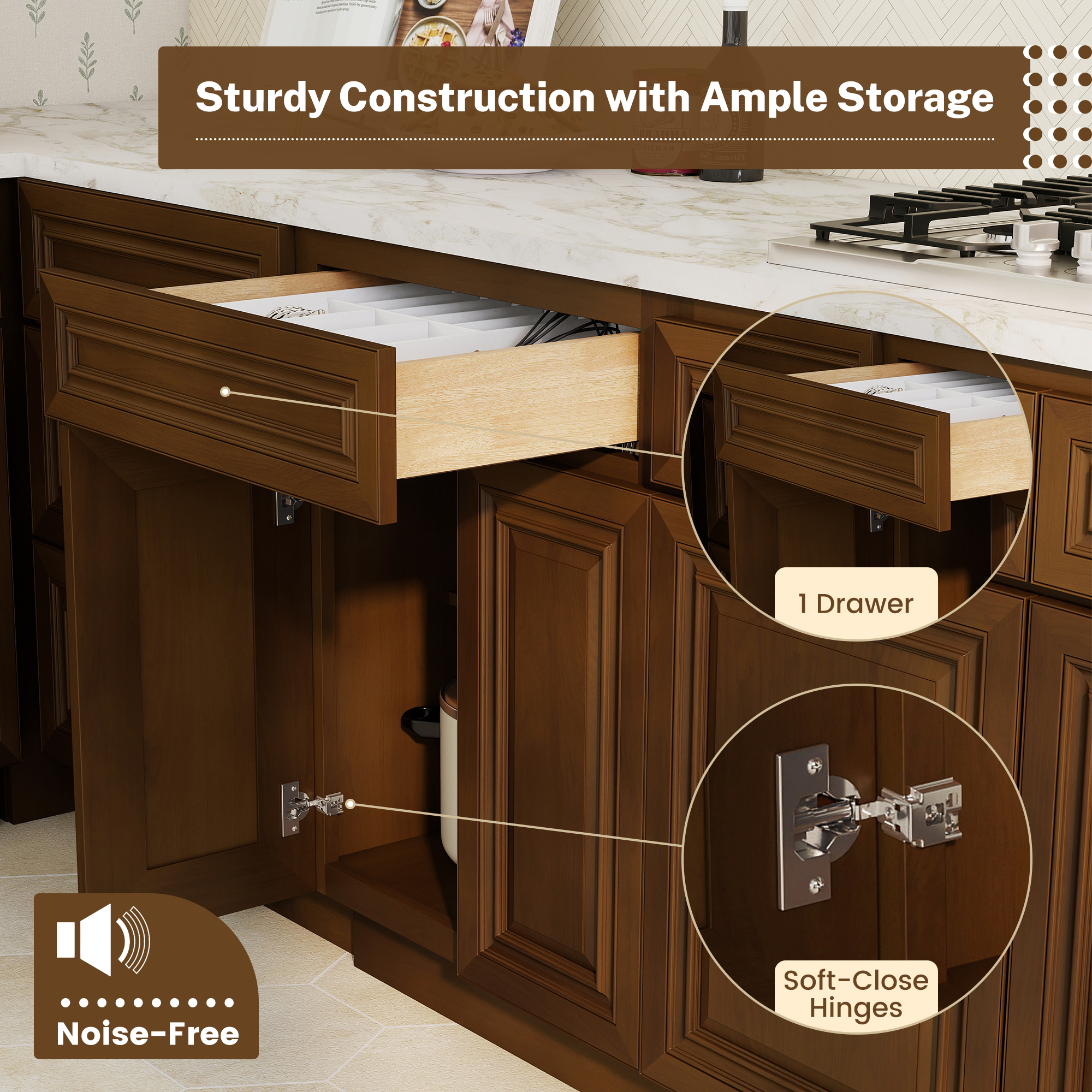 Dark Caramel RTA 24"W x 24"D x 34.5"H Base Cabinet with 1 Drawer and 2 Doors