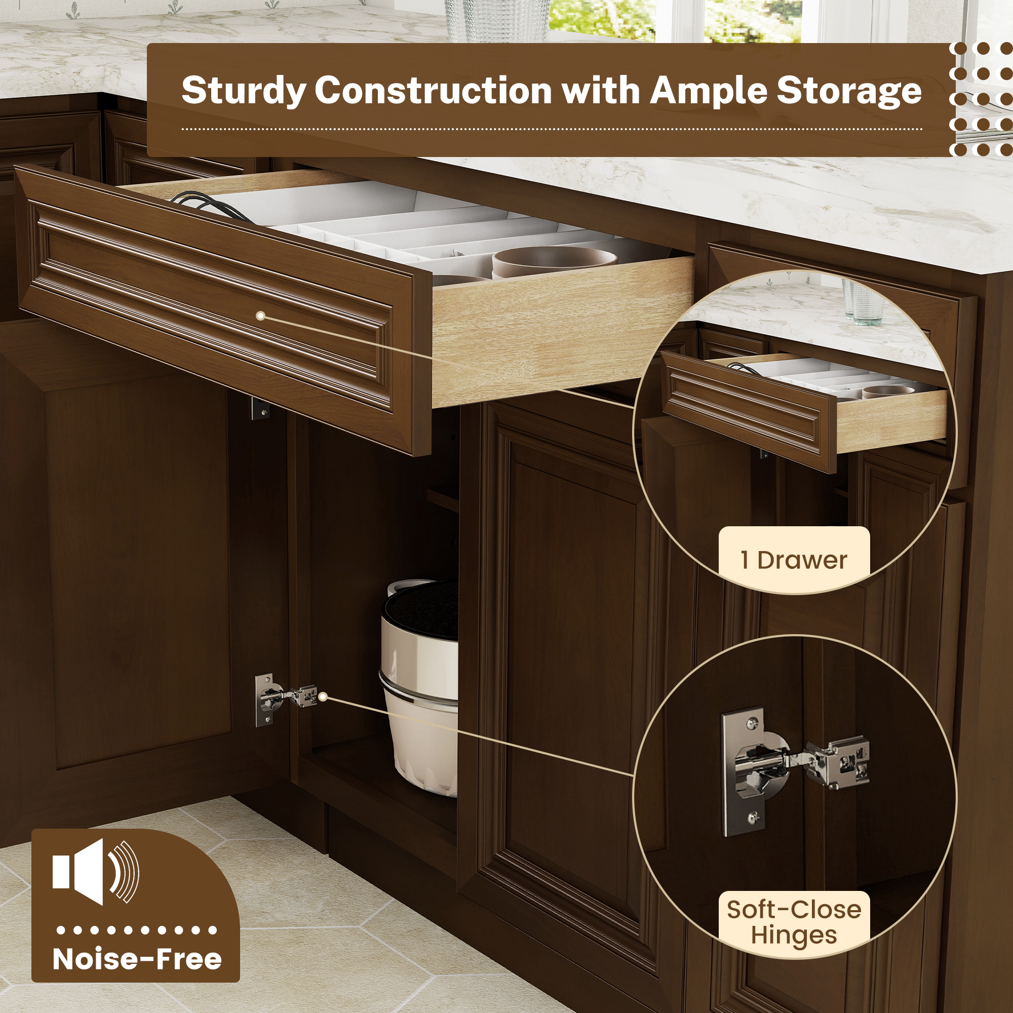 Dark Caramel RTA 30"W x 24"D x 34.5"H Base Cabinet with 1 Drawer and 2 Doors