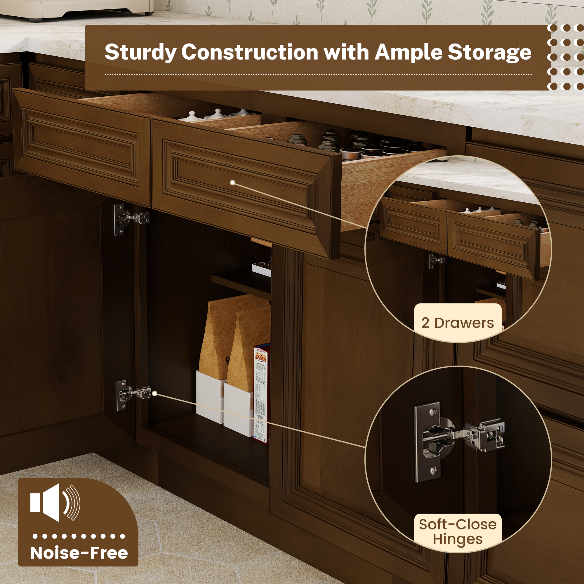 Dark Caramel RTA 36"W x 24"D x 34.5"H Base Cabinet with 2 Drawers and 2 Doors