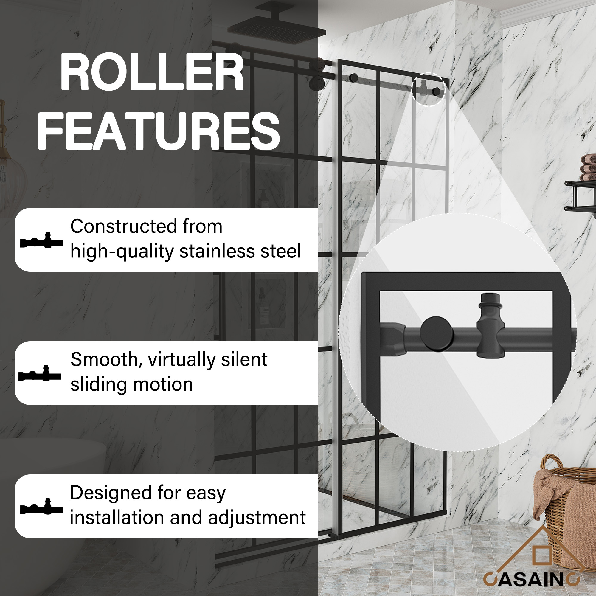 48"x76"/60"x76" Silk-Screen Frameless Single Sliding Shower Door in Matte Black, Black Grid Pattern Design, Irreversible Installation