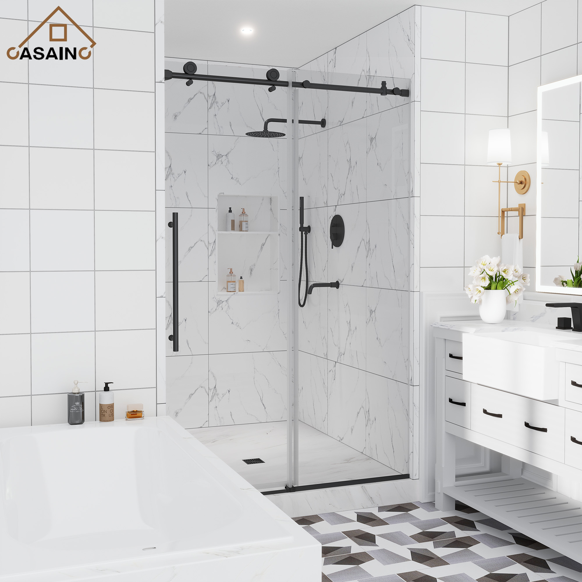 48"x76" Frameless Single Sliding Shower Door in Matte Black/Brushed Nickel/Chrome, Tempered Safety Glass and Reversible Installation