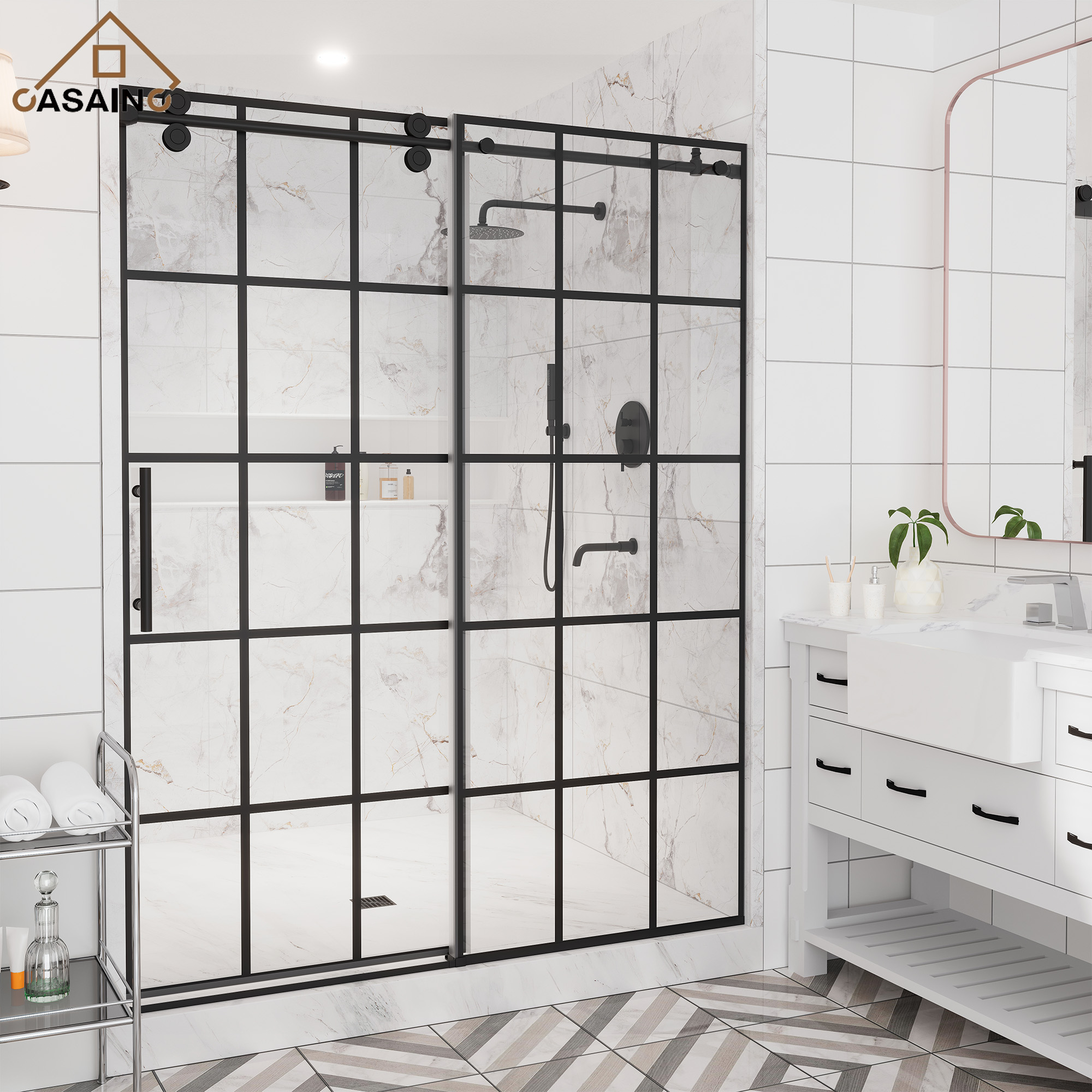48"x76"/60"x76" Silk-Screen Frameless Single Sliding Shower Door in Matte Black, Black Grid Pattern Design, Irreversible Installation