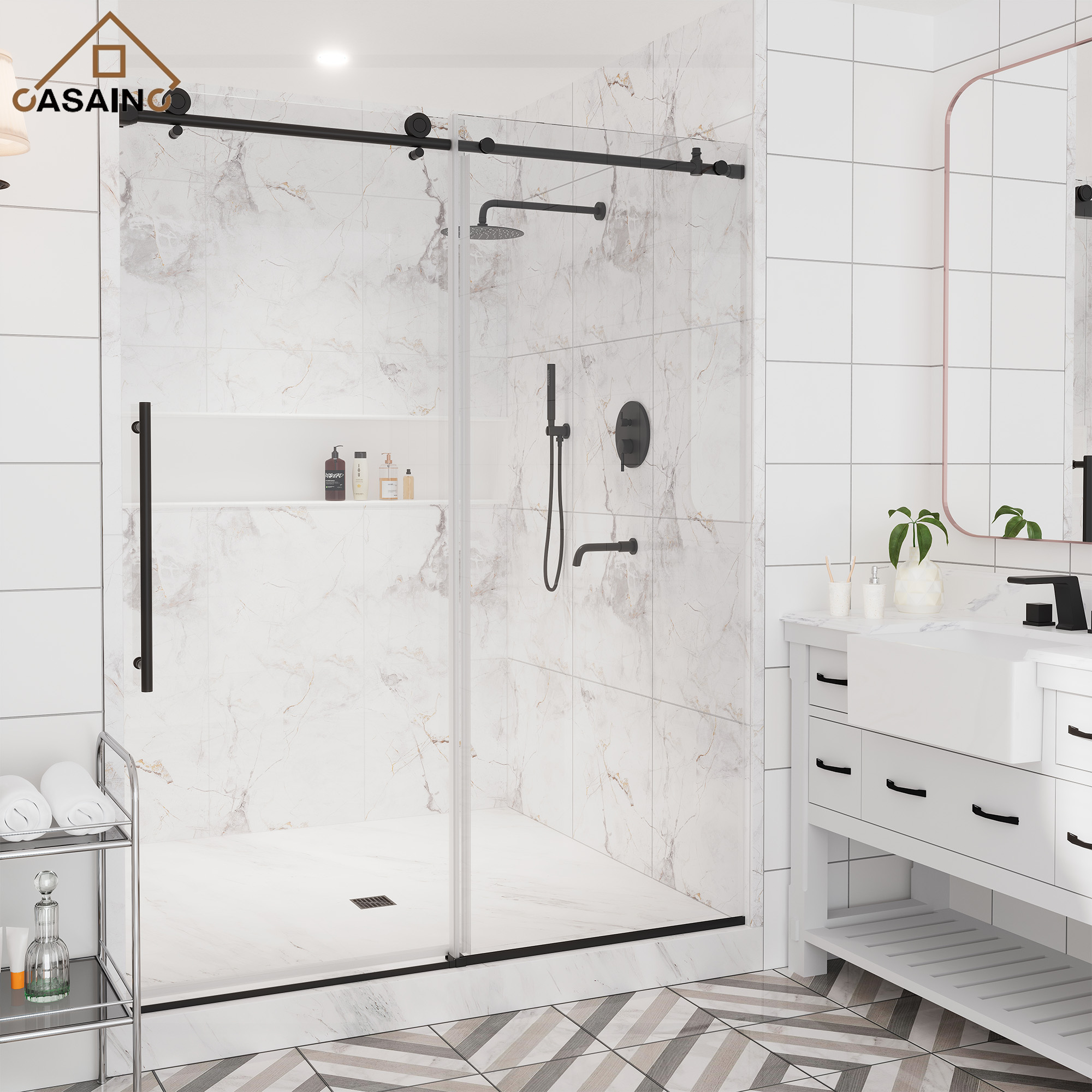 60"x76" Single Sliding Frameless Shower Door in Matte Black/Brushed Nickel/Chrome, Stainless Steel Wheels featuring an Anti-Skid Design