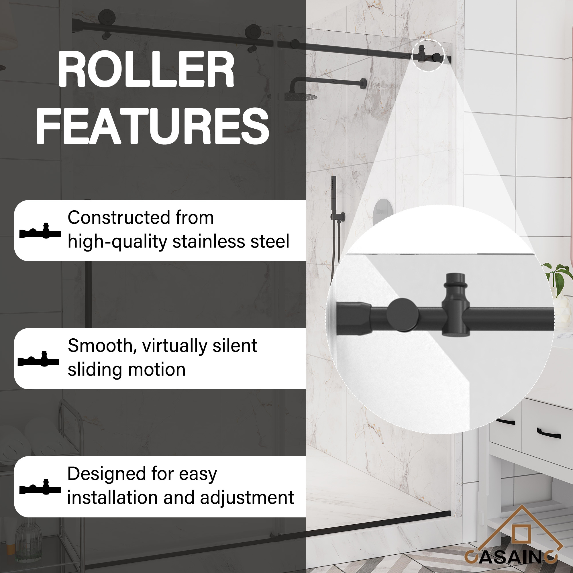 60"x76" Single Sliding Frameless Shower Door in Matte Black/Brushed Nickel/Chrome, Stainless Steel Wheels featuring an Anti-Skid Design