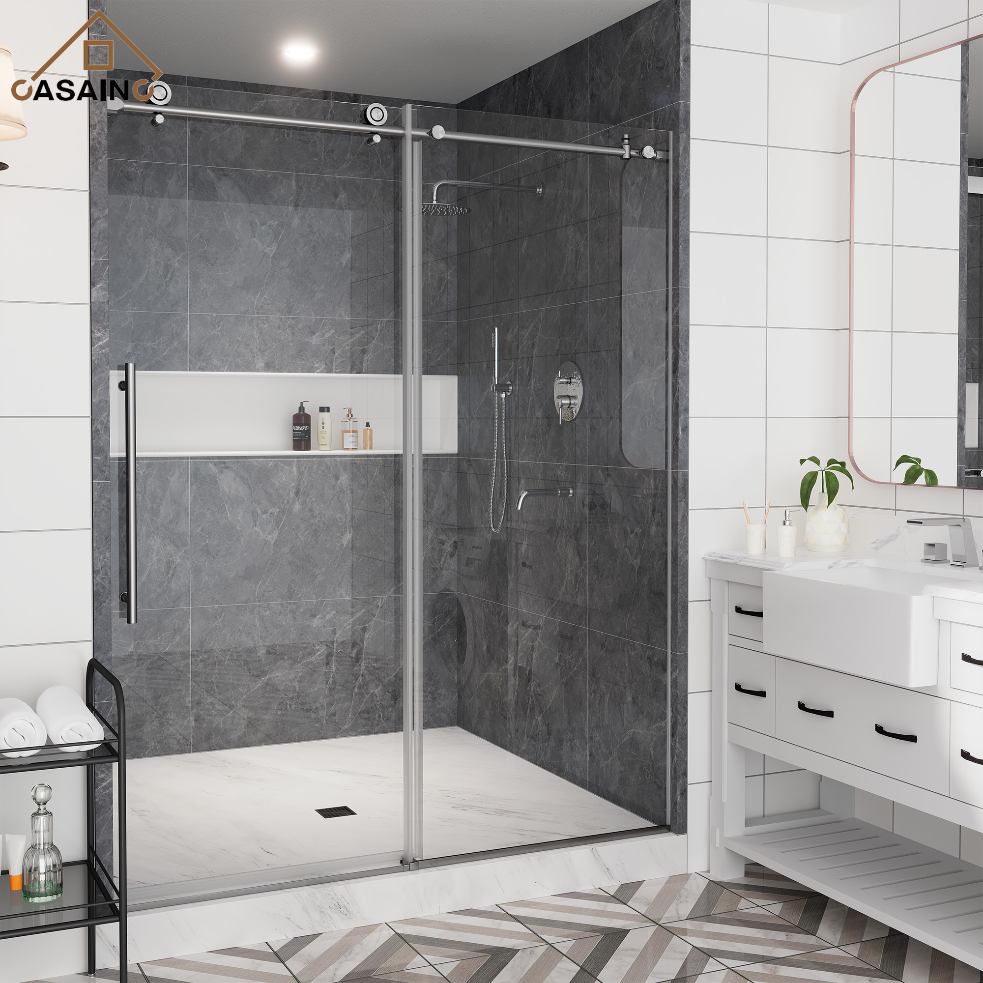 60"x76" Single Sliding Frameless Shower Door in Matte Black/Brushed Nickel/Chrome, Stainless Steel Wheels featuring an Anti-Skid Design