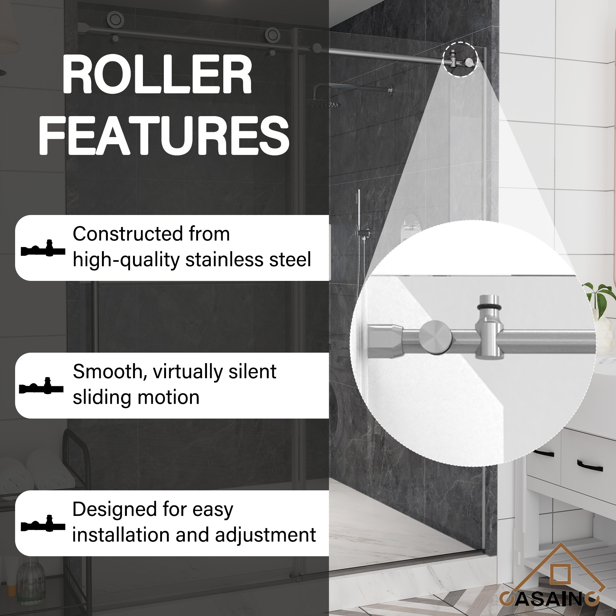 60"x76" Single Sliding Frameless Shower Door in Matte Black/Brushed Nickel/Chrome, Stainless Steel Wheels featuring an Anti-Skid Design