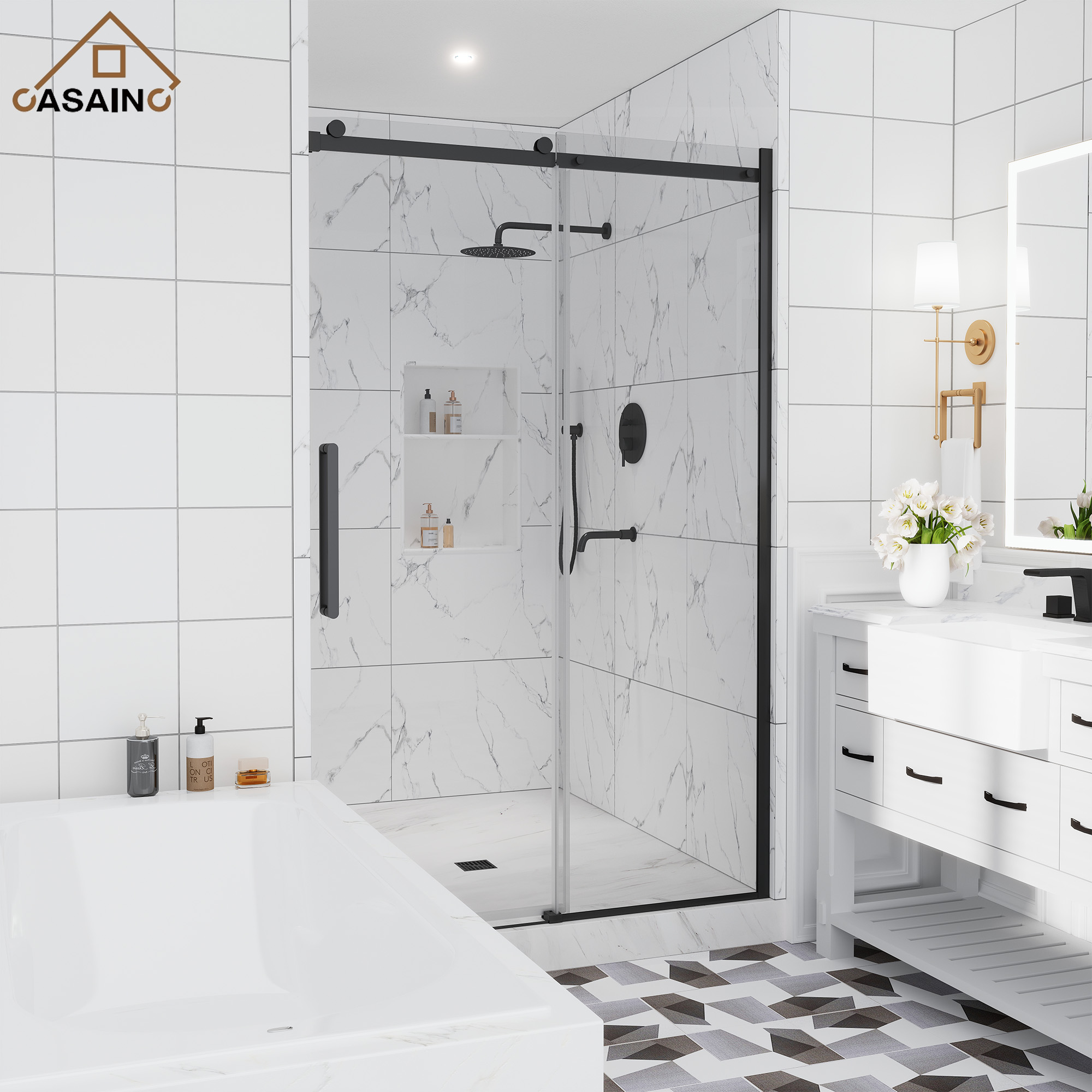 48"x76" Sleek Frameless Single Sliding Shower Door in Matte Black/Brushed Nickel/Chrome with Anti-jump Technology