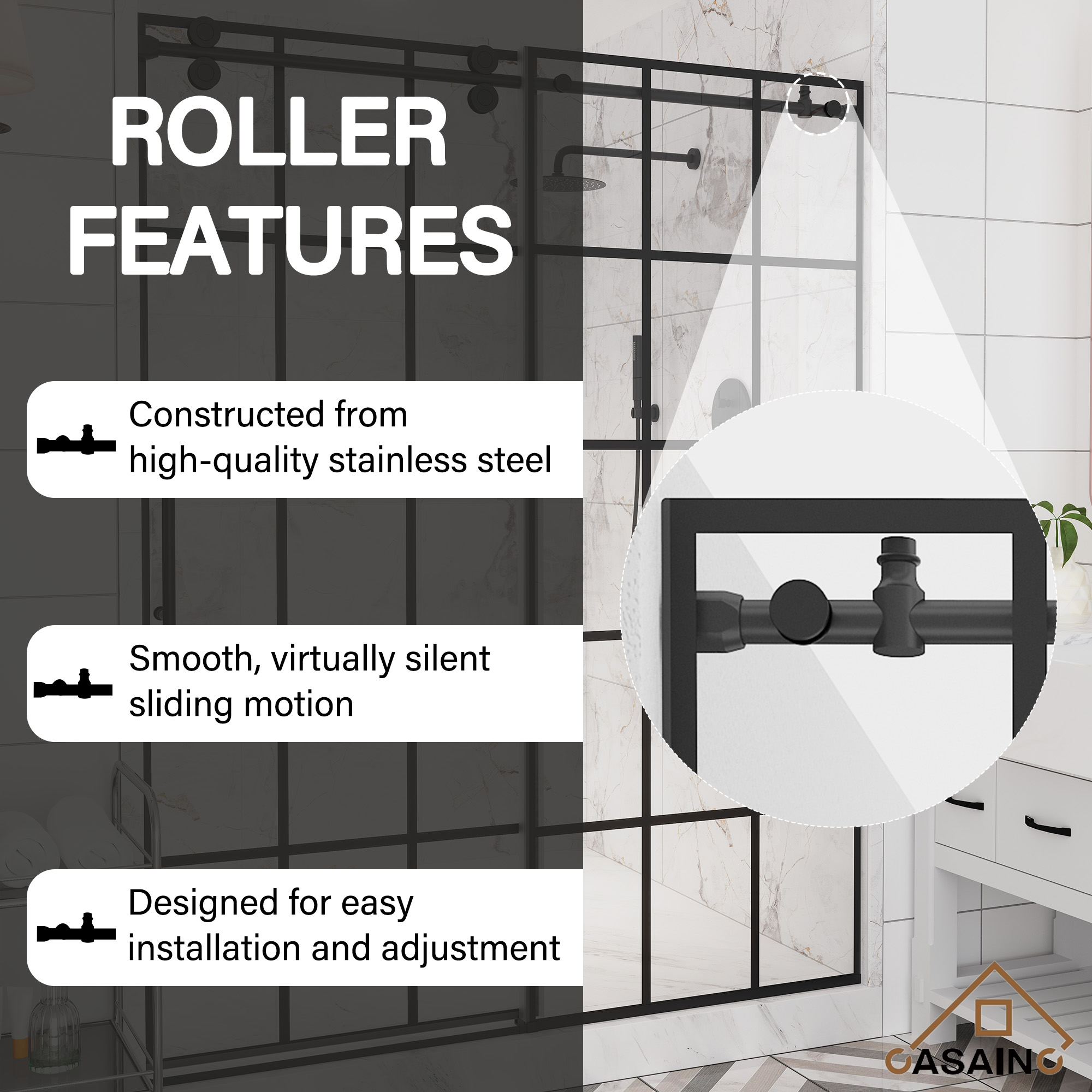 48"x76"/60"x76" Silk-Screen Frameless Single Sliding Shower Door in Matte Black, Black Grid Pattern Design, Irreversible Installation