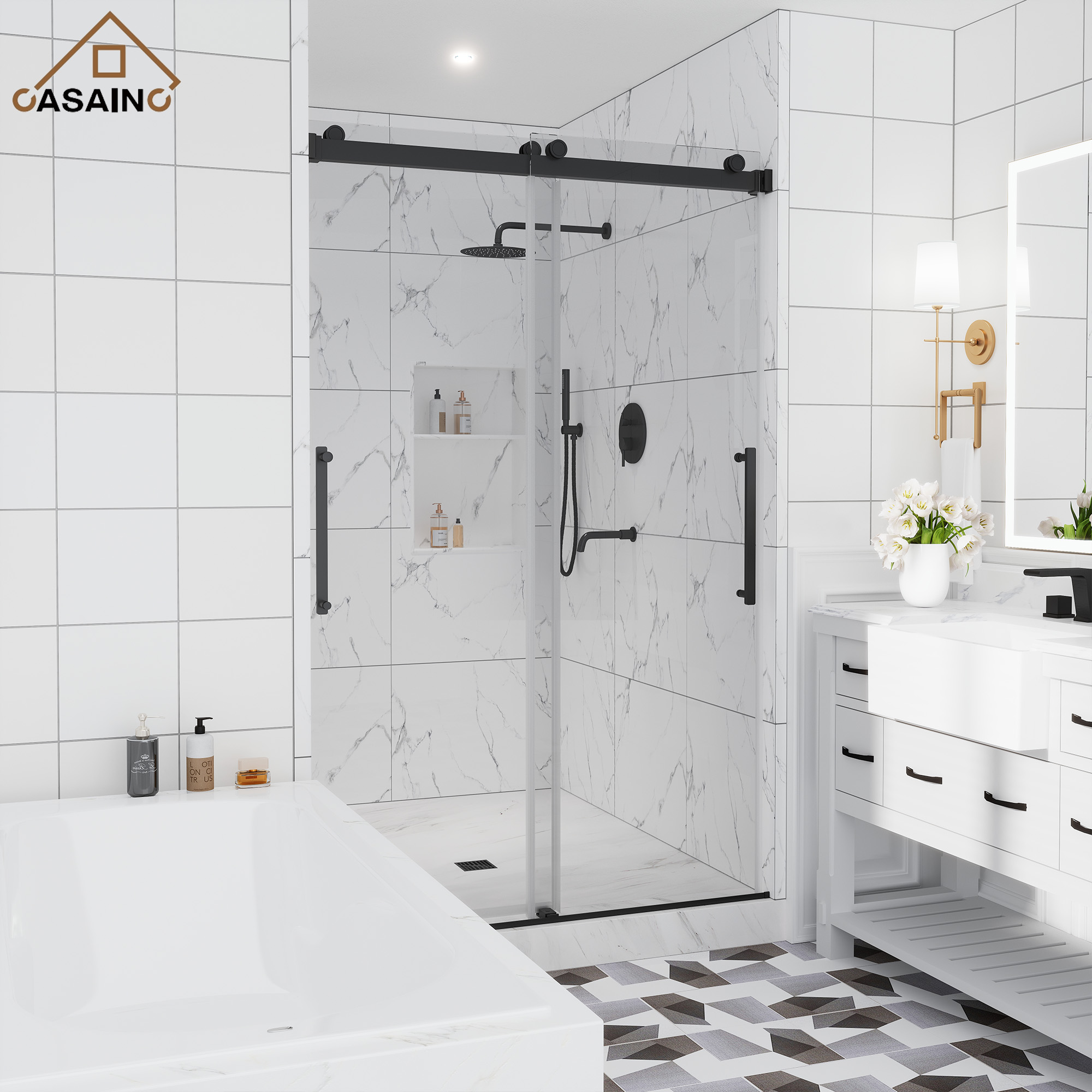 48"x76" Double Sliding Frameless Shower Door in Matte Black/Brushed Nickel/Chrome, Tempered Safety Glass and Reversible Installation