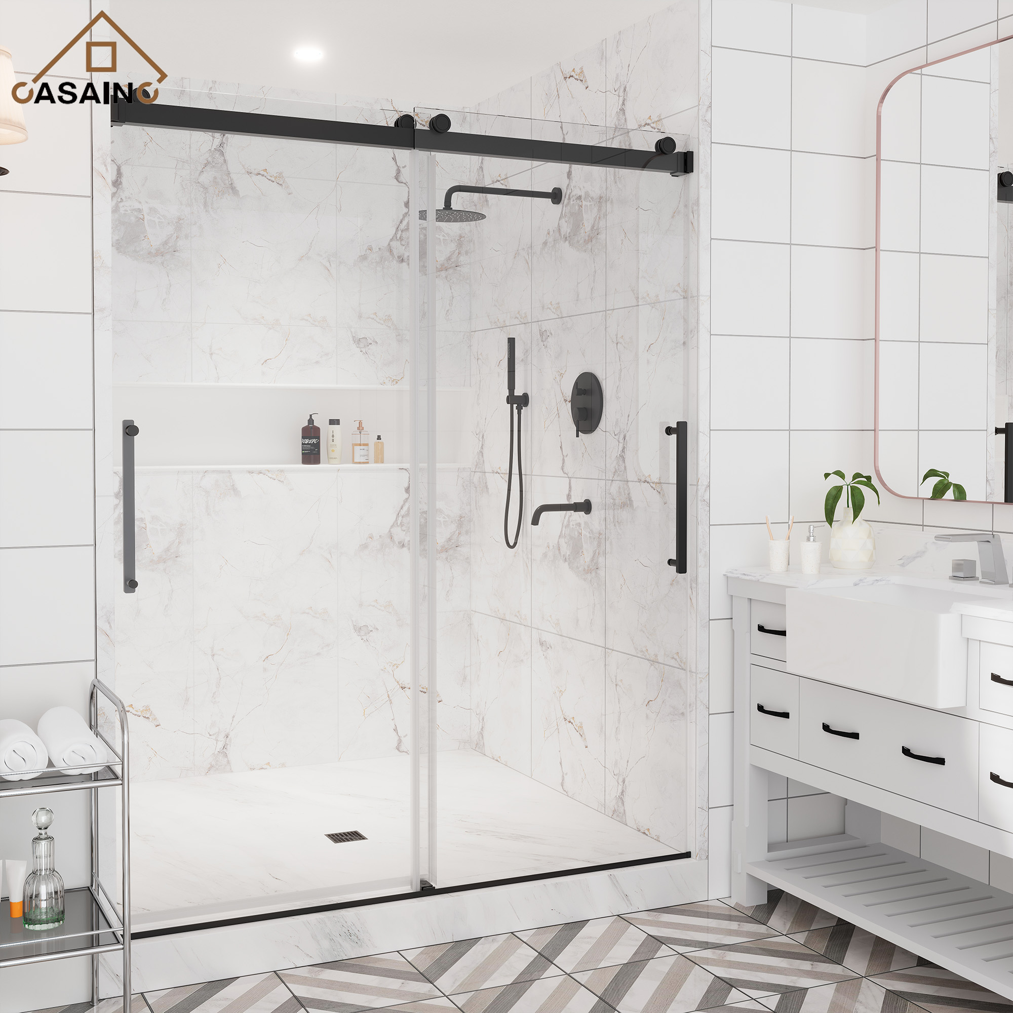 60"x76" Double Sliding Frameless Shower Door in Matte Black/Brushed Nickel/Chrome, Rounded Corners Tempered Glass with SGCC Certification, Reversible Design