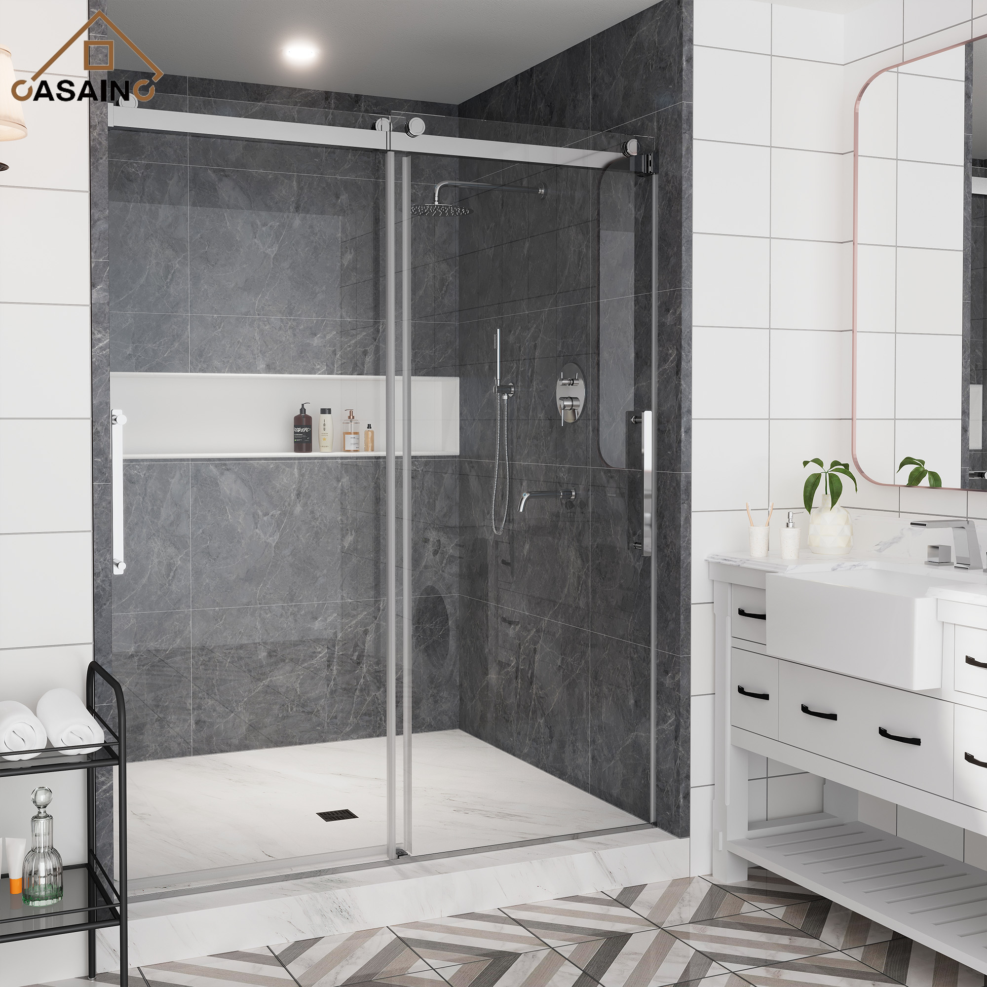 60"x76" Double Sliding Frameless Shower Door in Matte Black/Brushed Nickel/Chrome, Rounded Corners Tempered Glass with SGCC Certification, Reversible Design