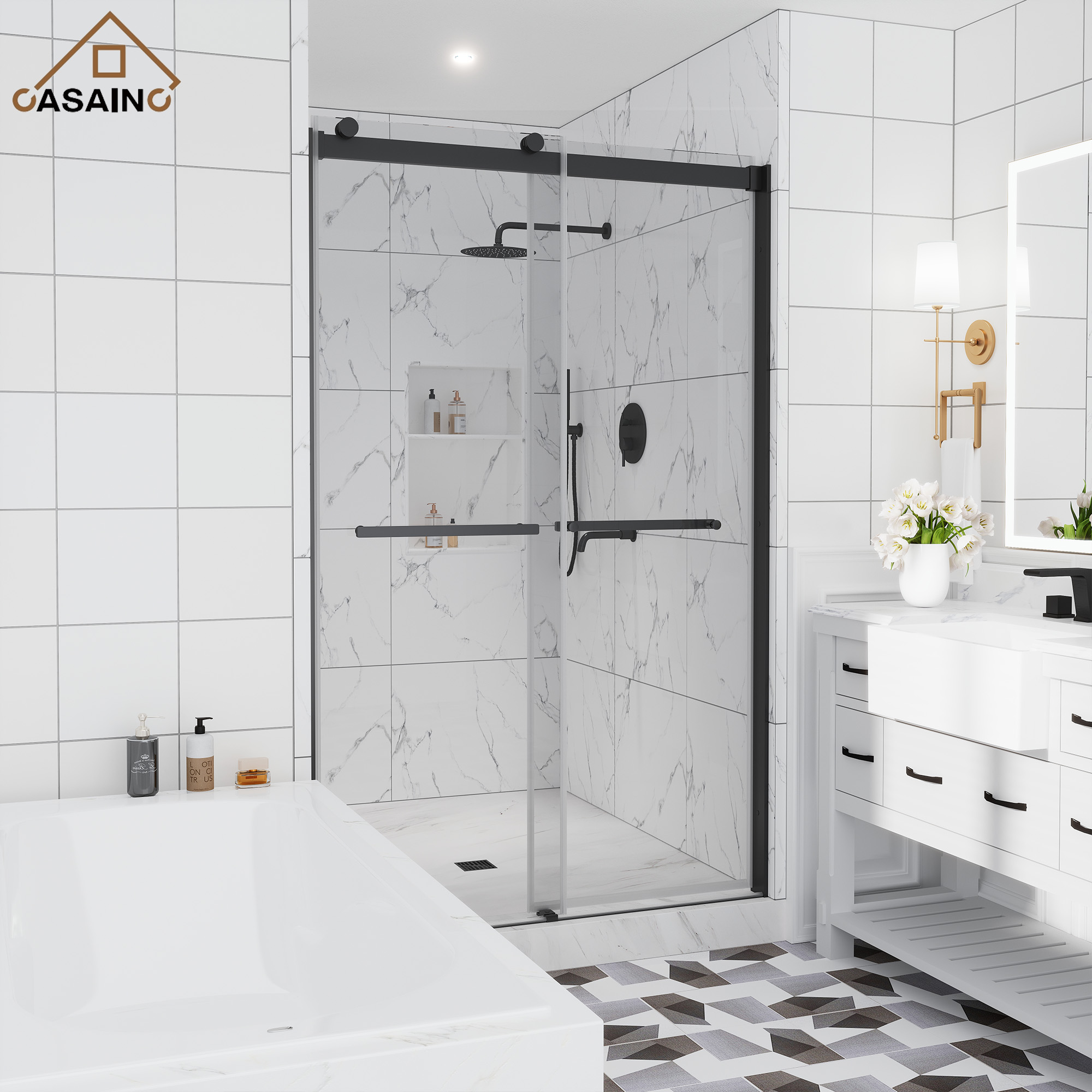 48"x76" Double Frameless Shower Door in Matte Black/Brushed Nickel/Chrome, Sliding Shower Enclosure with Rounded Corners Tempered Glass