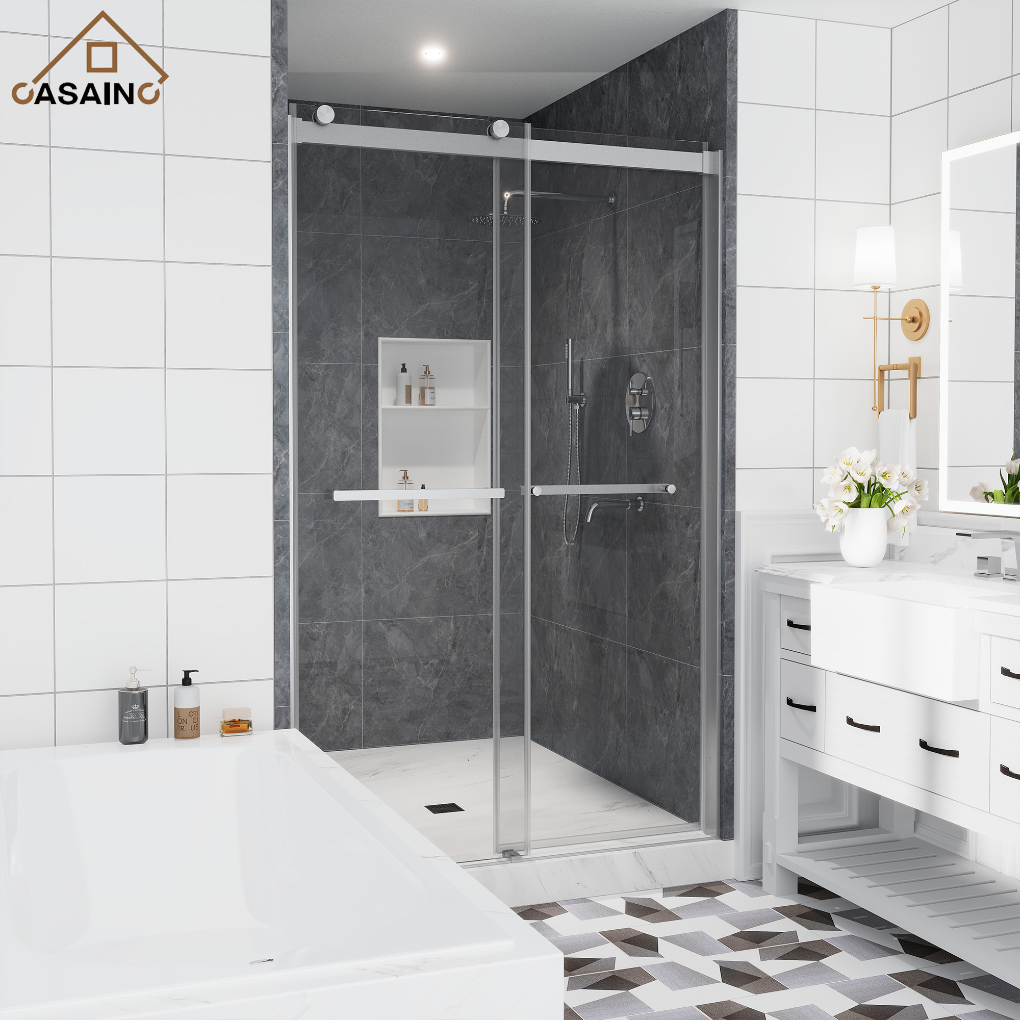 48"x76" Double Frameless Shower Door in Matte Black/Brushed Nickel/Chrome, Sliding Shower Enclosure with Rounded Corners Tempered Glass