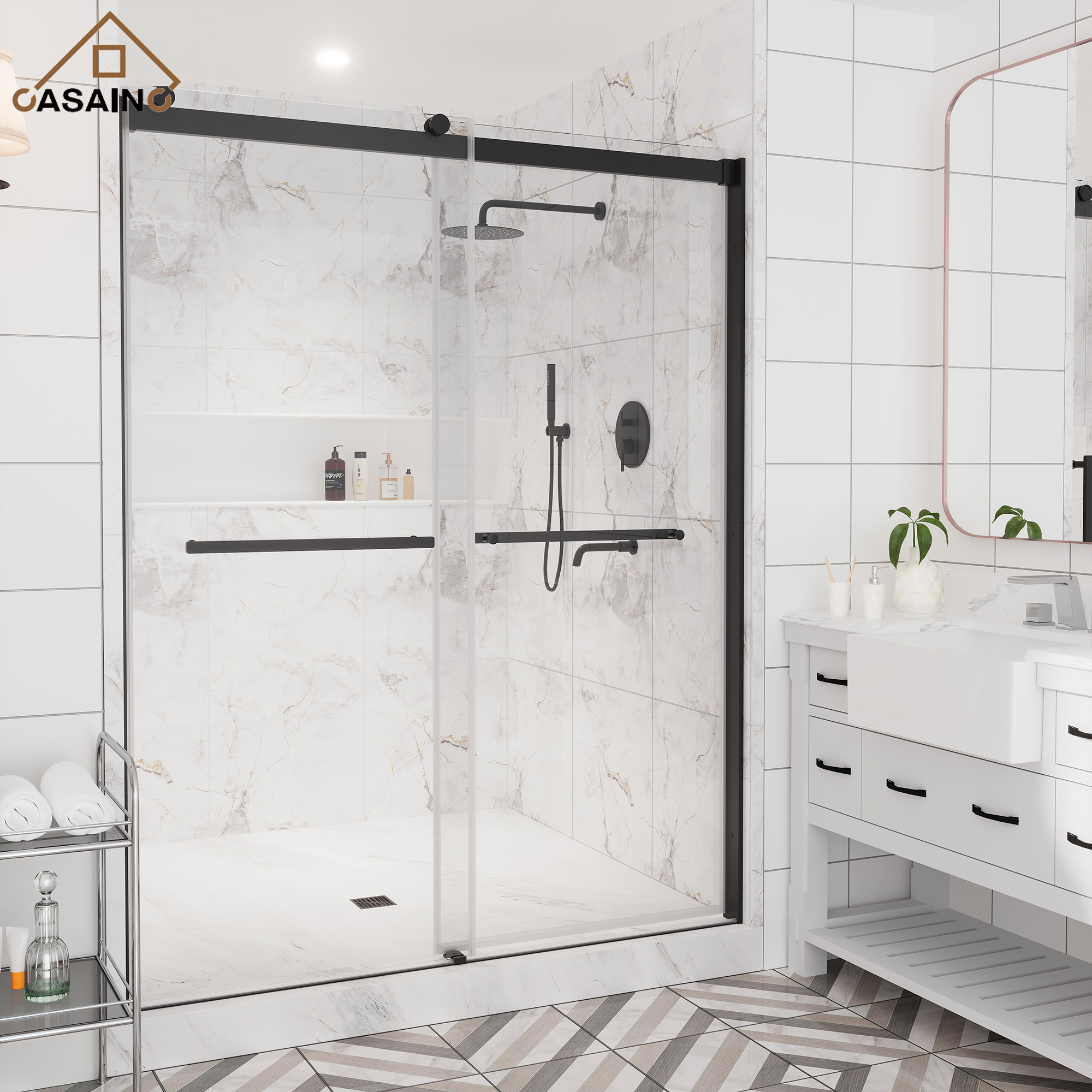 60"x76" Double Sliding Frameless Shower Door in Matte Black/Brushed Nickel/Chrome, 5/16" Thick Tempered Glass Shower Enclosure