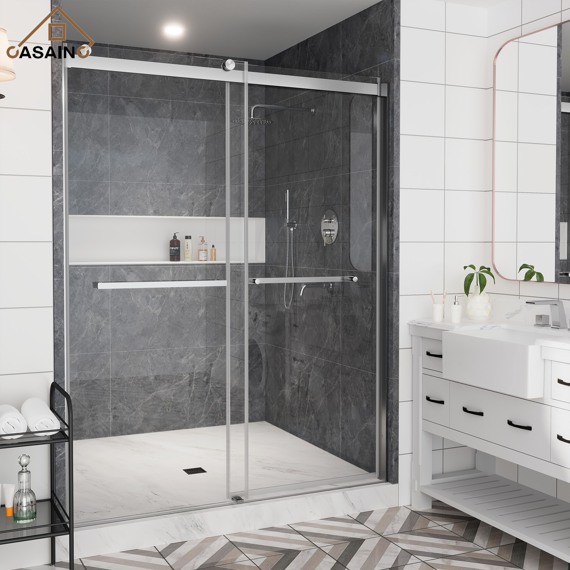 60"x76" Double Sliding Frameless Shower Door in Matte Black/Brushed Nickel/Chrome, 5/16" Thick Tempered Glass Shower Enclosure