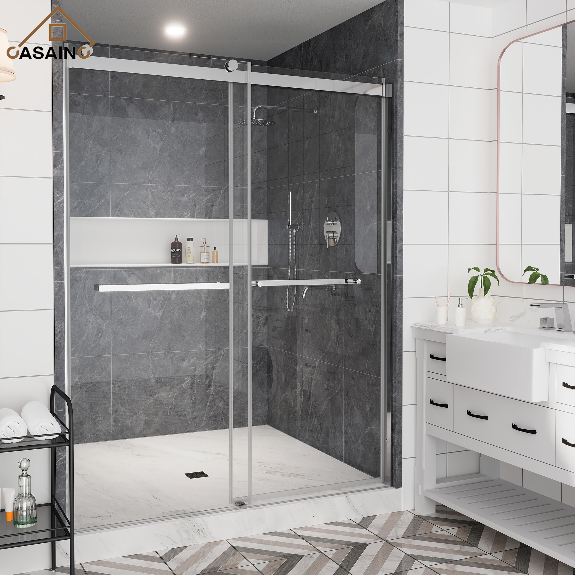 60"x76" Double Sliding Frameless Shower Door in Matte Black/Brushed Nickel/Chrome, 5/16" Thick Tempered Glass Shower Enclosure