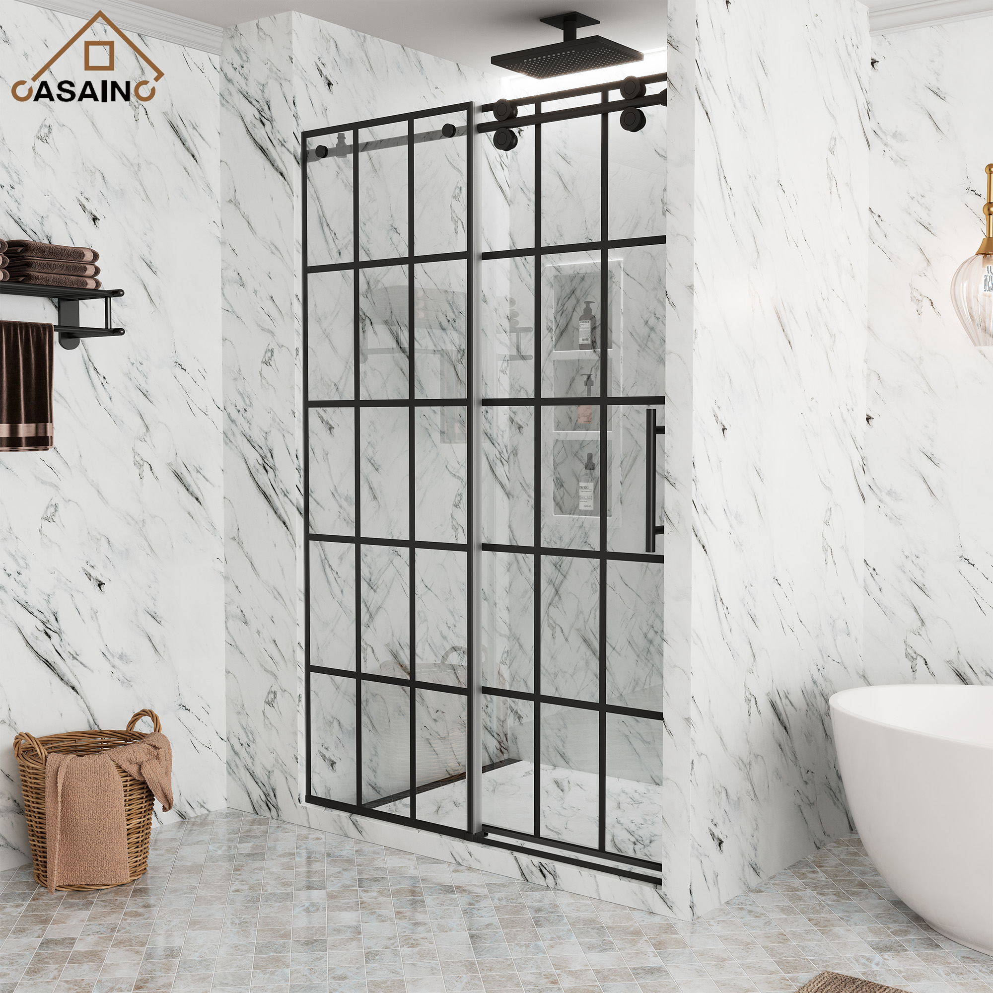 48"x76"/60"x76" Silk-Screen Frameless Single Sliding Shower Door in Matte Black, Black Grid Pattern Design, Irreversible Installation