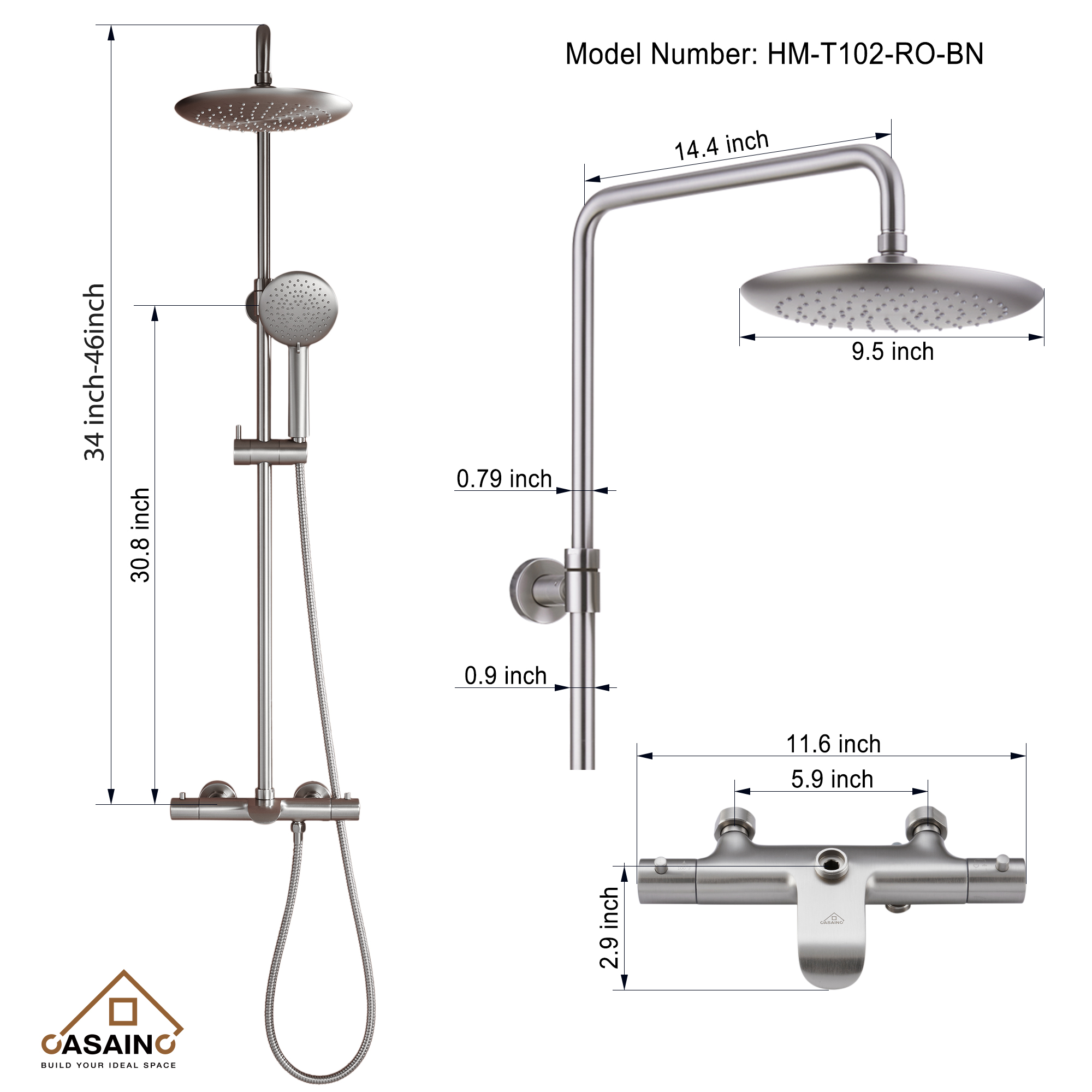 9" Thermostatic Exposed Shower System with Slide Bar & Hand Shower