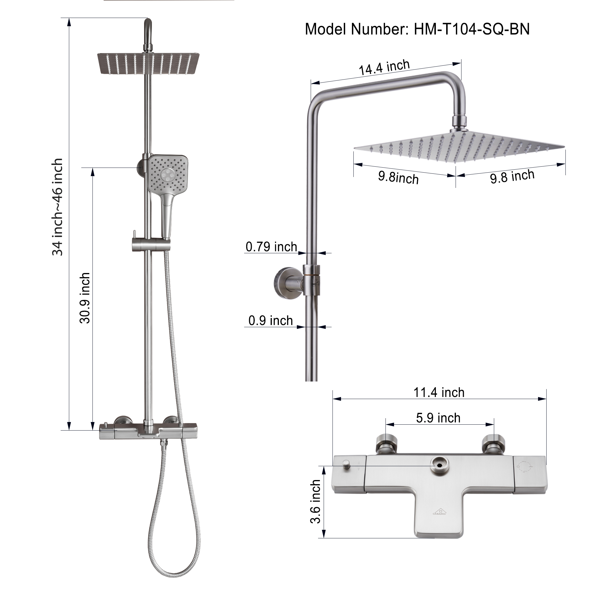 9.8" Thermostatic Rain Shower Faucet with Tub Spout in Brushed Nickel