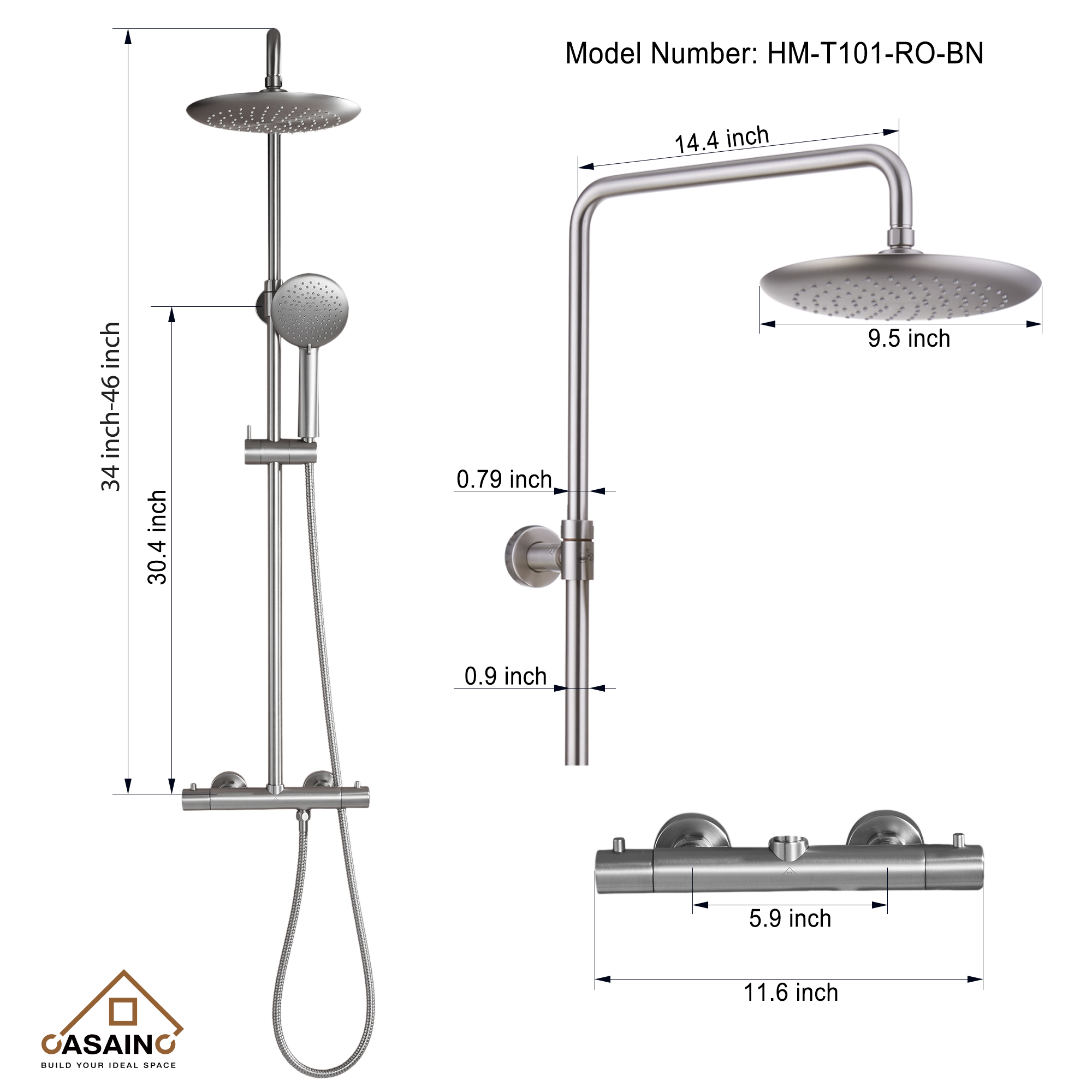 9.5" Thermostatic Rain Shower Faucet with Slide Bar and Hand Shower