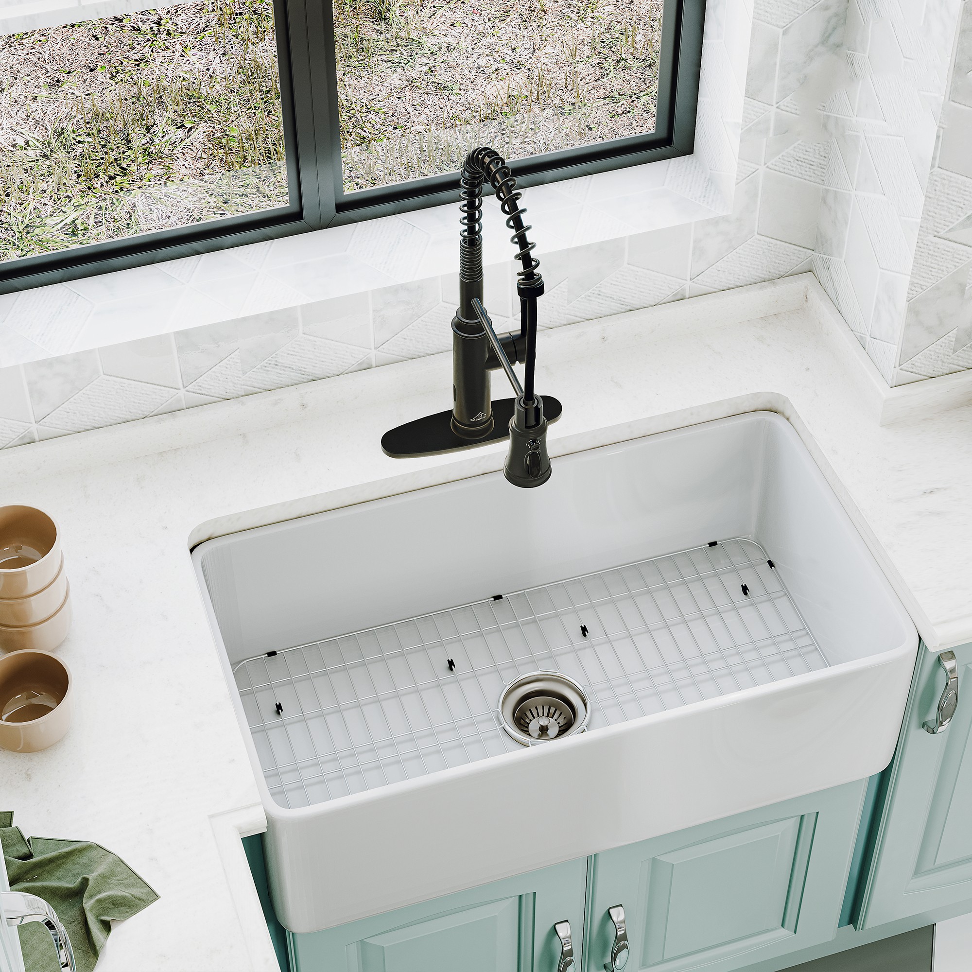 Fireclay 30 in. Single Bowl Farmhouse Apron Kitchen Sink with Bottom Grid and Strainers With cUPC Certified, in Glossy White/Matte Black/Matte Gray