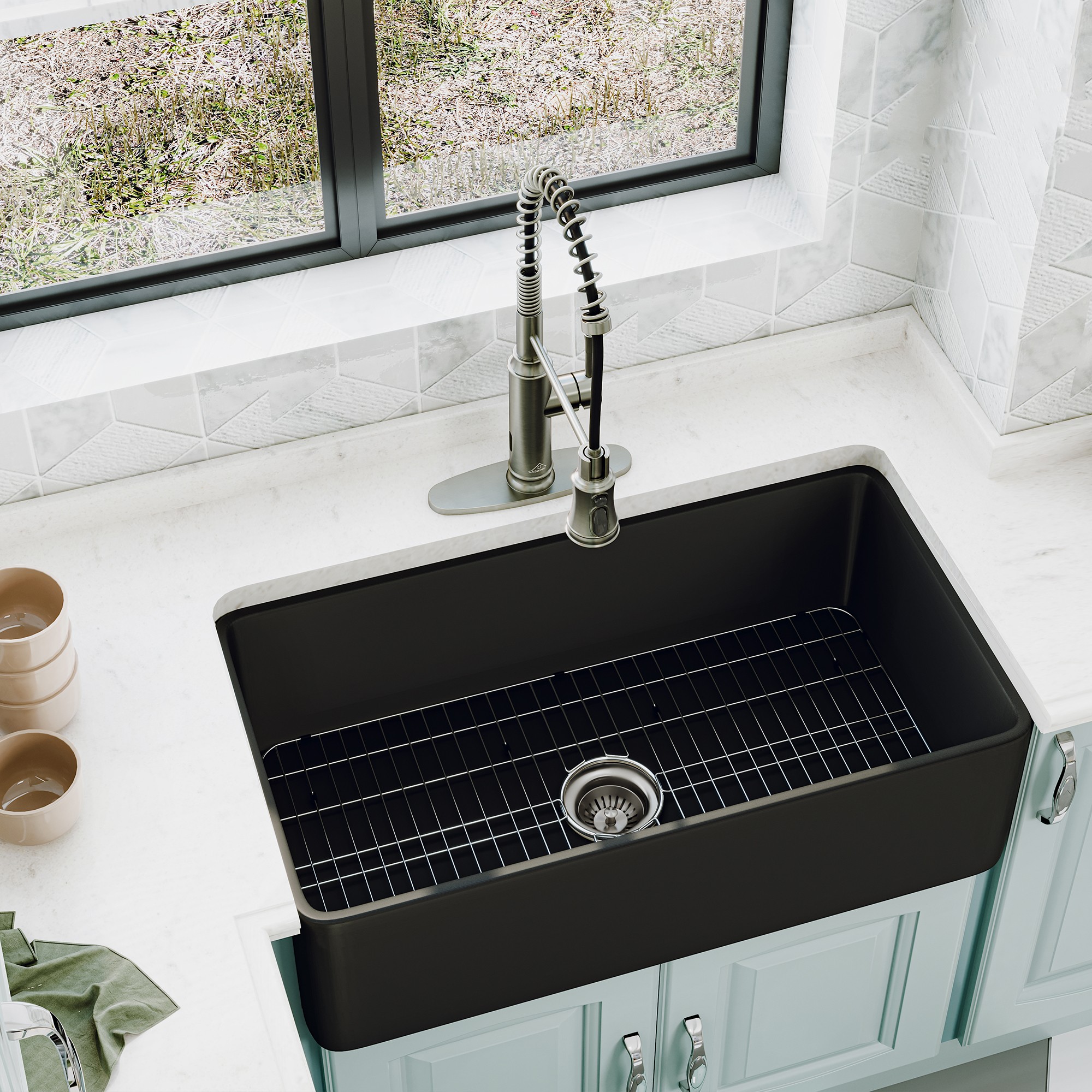 Fireclay 30 in. Single Bowl Farmhouse Apron Kitchen Sink with Bottom Grid and Strainers With cUPC Certified, in Glossy White/Matte Black/Matte Gray