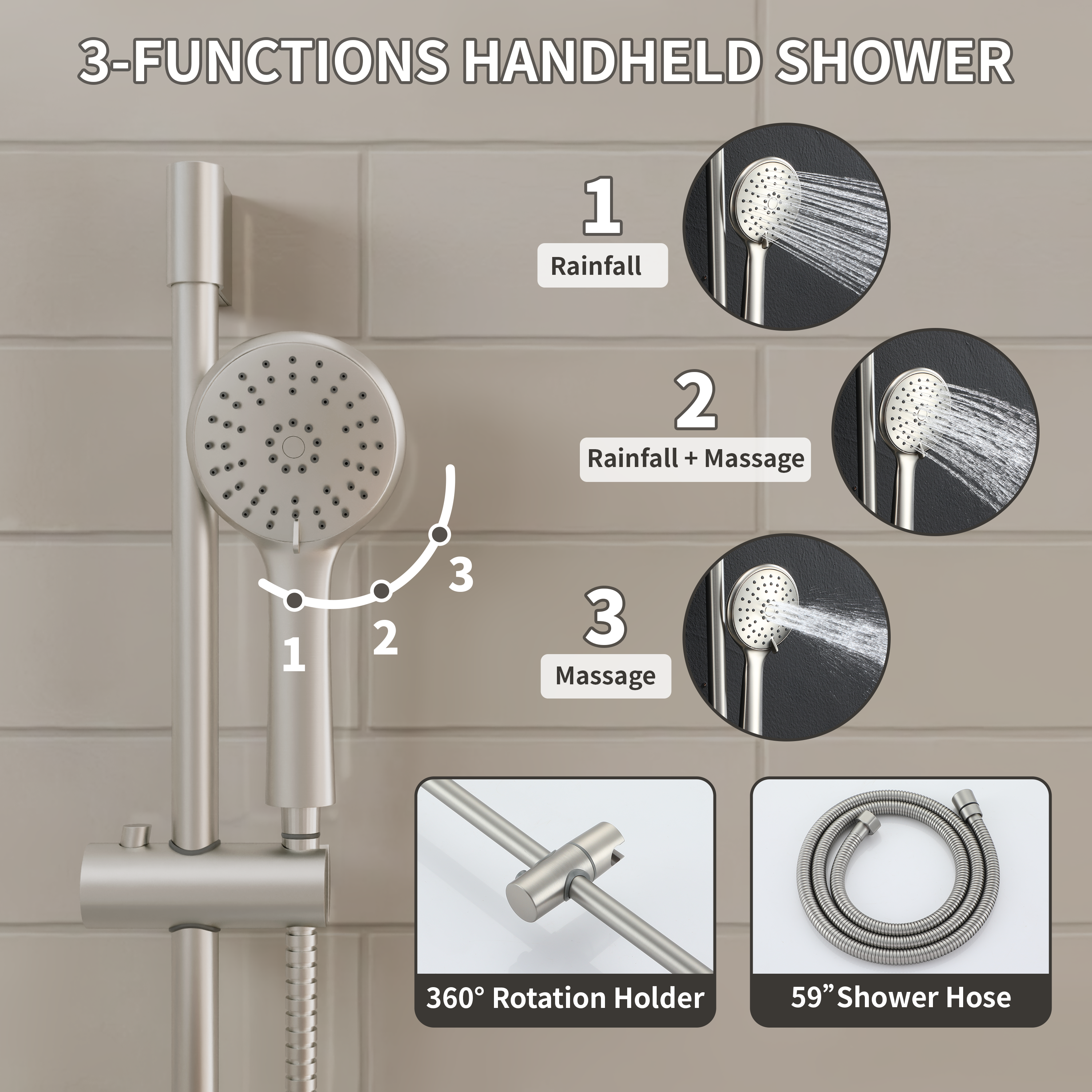 9" 3-Function Shower Faucet Set with Tub Spout & Slide Bar