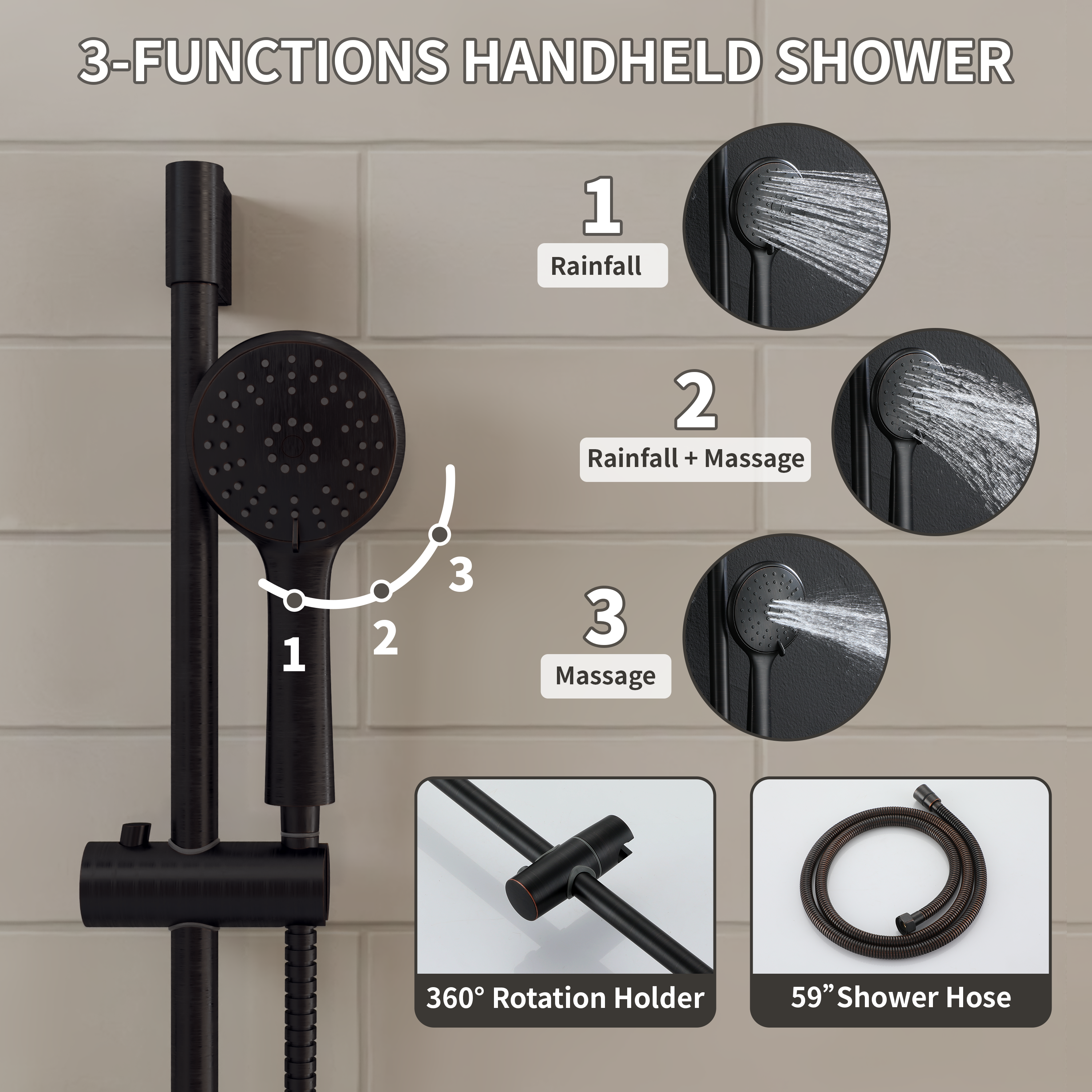 9" 3-Function Shower Faucet Set with Tub Spout & Slide Bar
