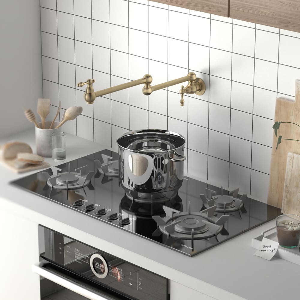 Wall Mounted Pot Filler Faucet with Double Handles, 360° Rotatable Folding Spout, Solid Brass Construction, Anti-Splash Aerator