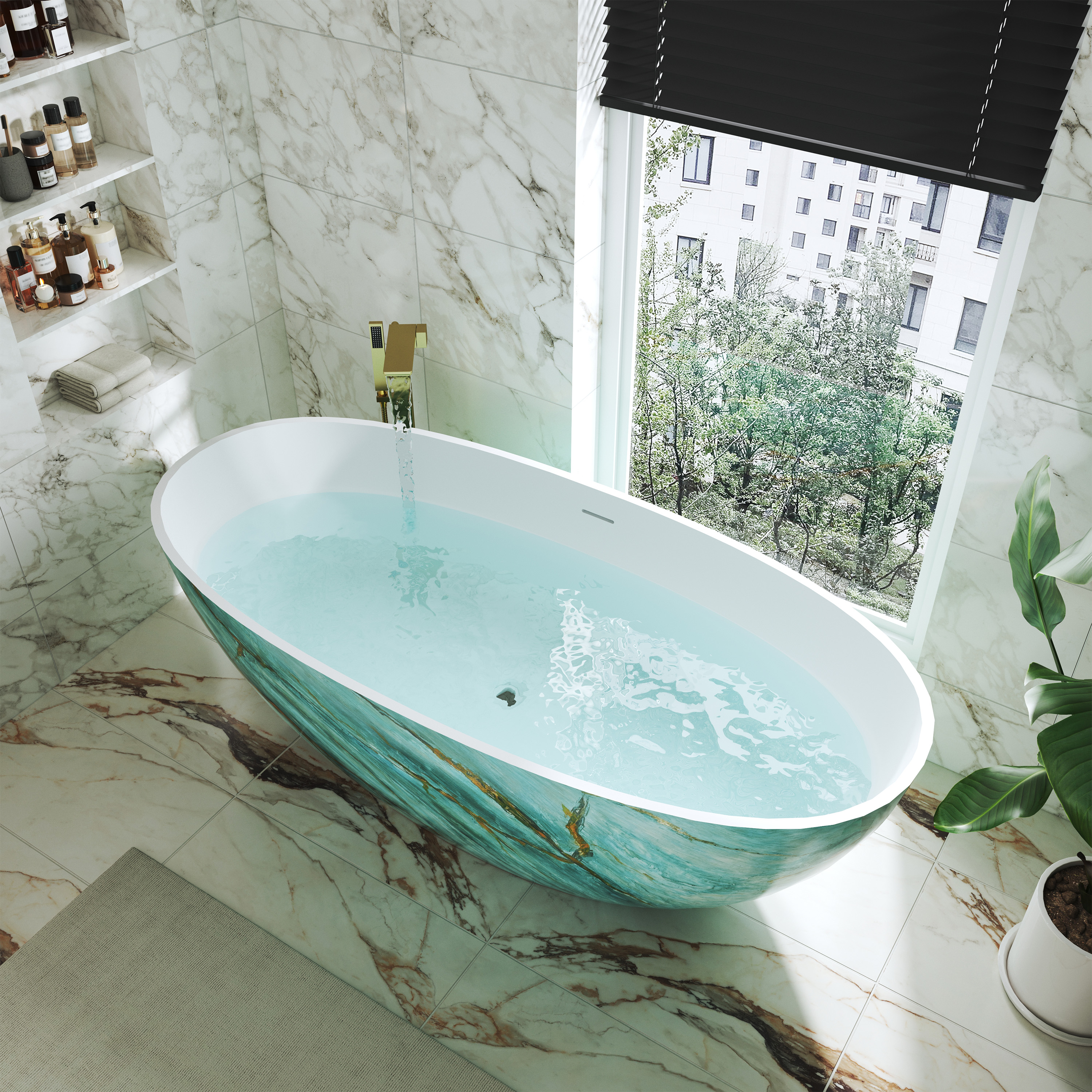 65" Freestanding Oval Solid Surface Soaking Bathtub in Emerald-Green with Center Drain & Overflow