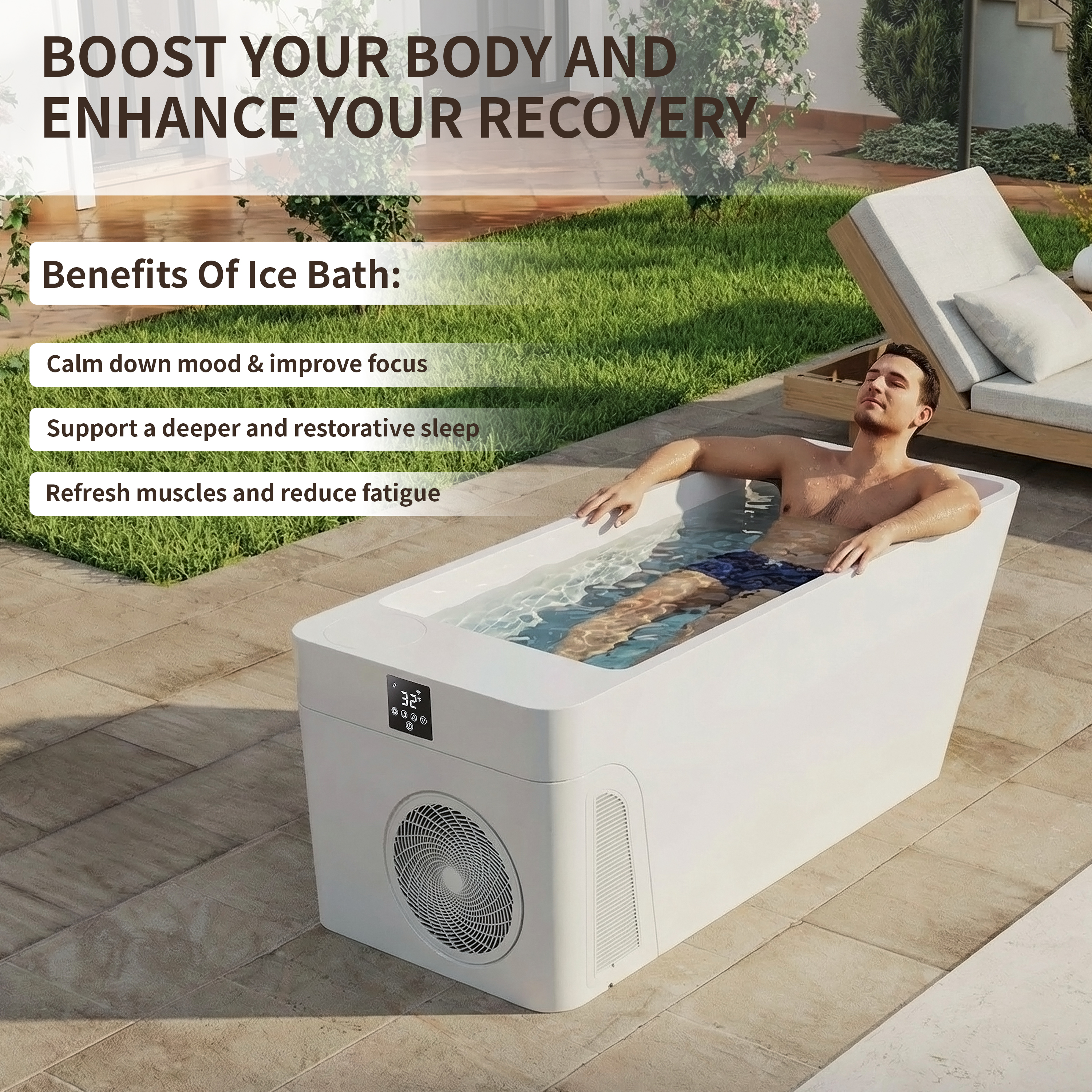 77" All-in-One Cold Plunge Tub with Built-In Chiller and Insulated Cover