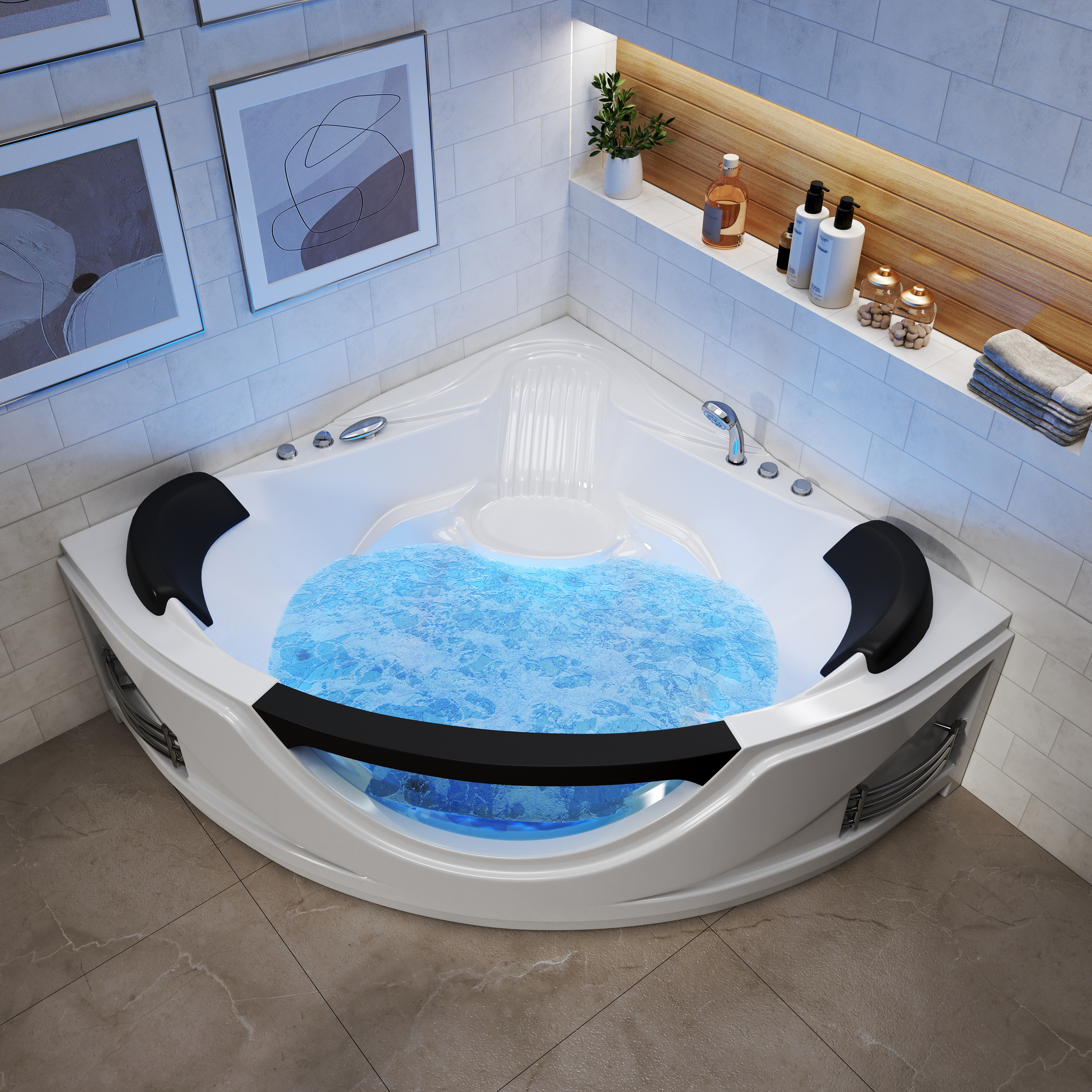 59" Corner Whirlpool Massage Bathtub for 2 Persons with Hydrotherapy Jets & LED Mood Lighting