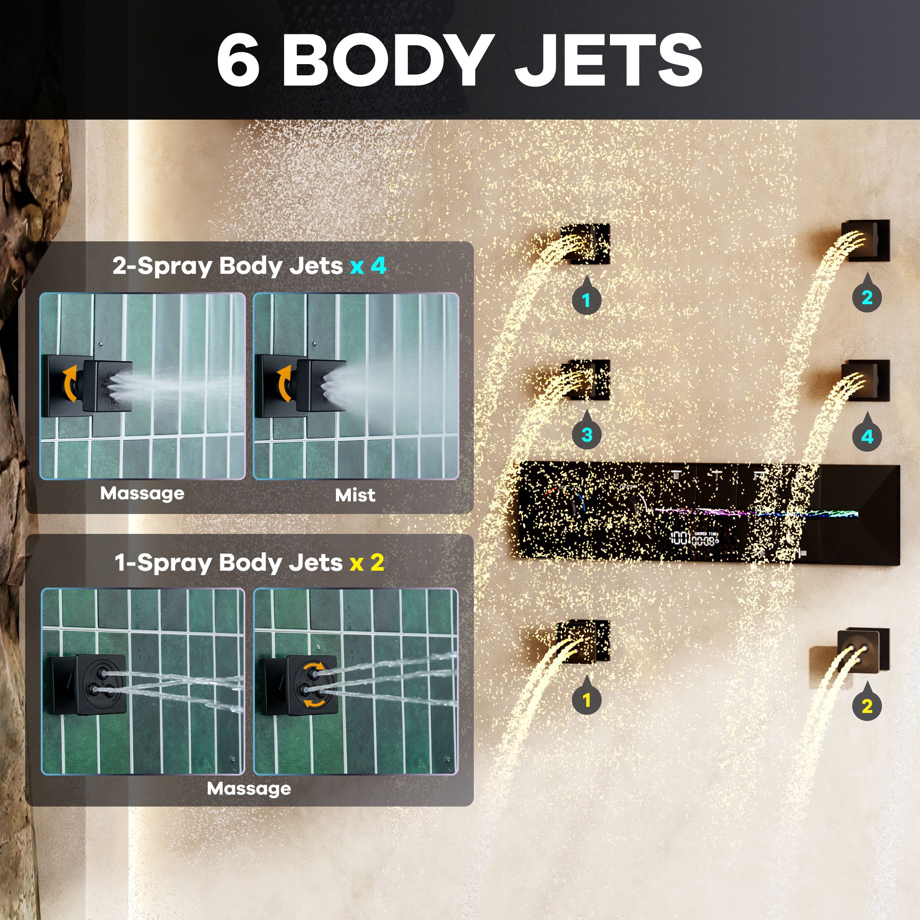 24-inch 6-Function Thermostatic Shower System with LED Light & Body Jet & Slide Bar